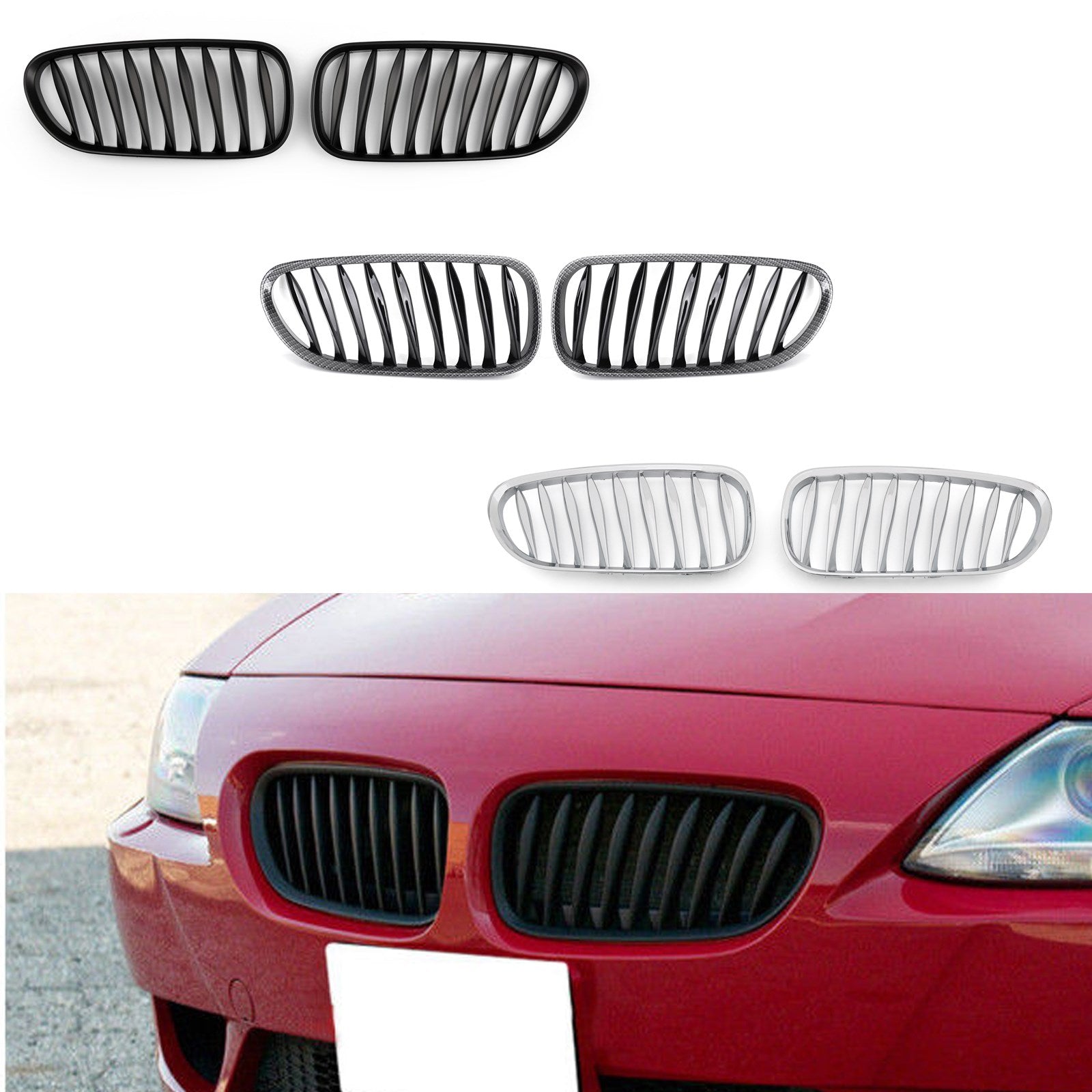 2003-2008 BMW Z4 (E85/E86) Parrilla deportiva para parachoques delantero, color negro mate, carbono y cromo genérico
