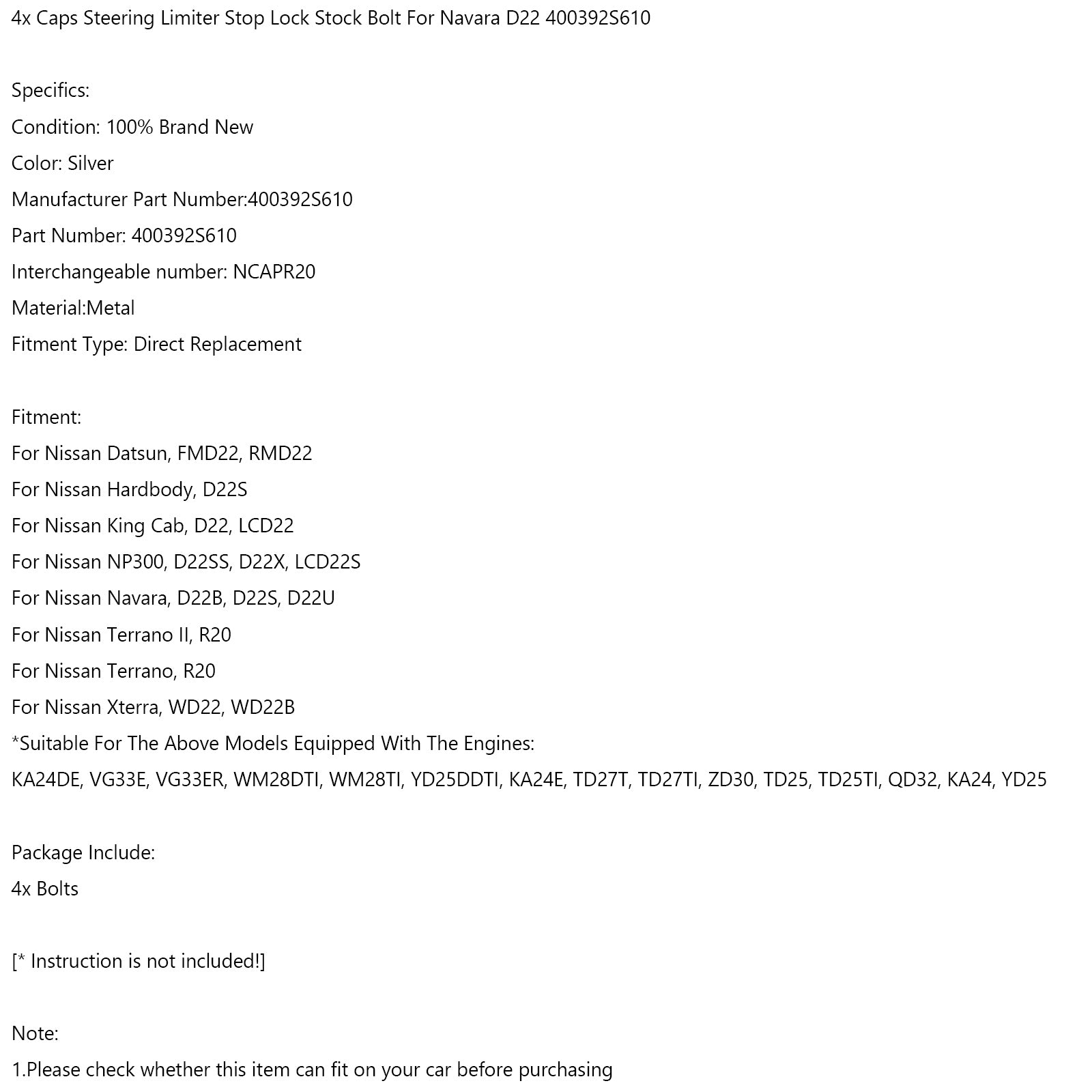 4x tapas limitador de dirección bloqueo de tope perno de stock para Navara D22 400392S610