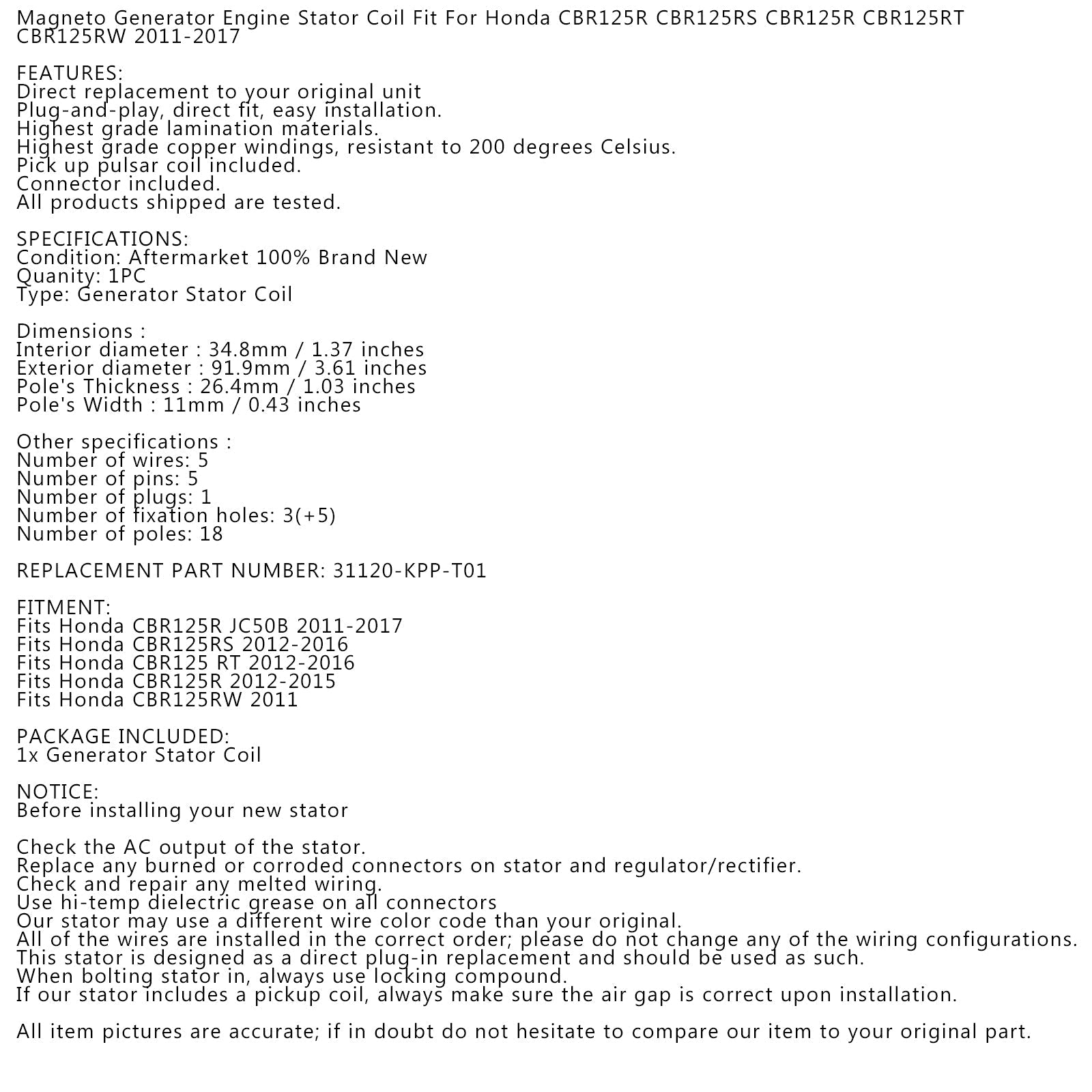Stator Generator-generator for Honda CBR125 CBR 125 R/RS/RT 11-17 31120-KPP-T01 Generisk