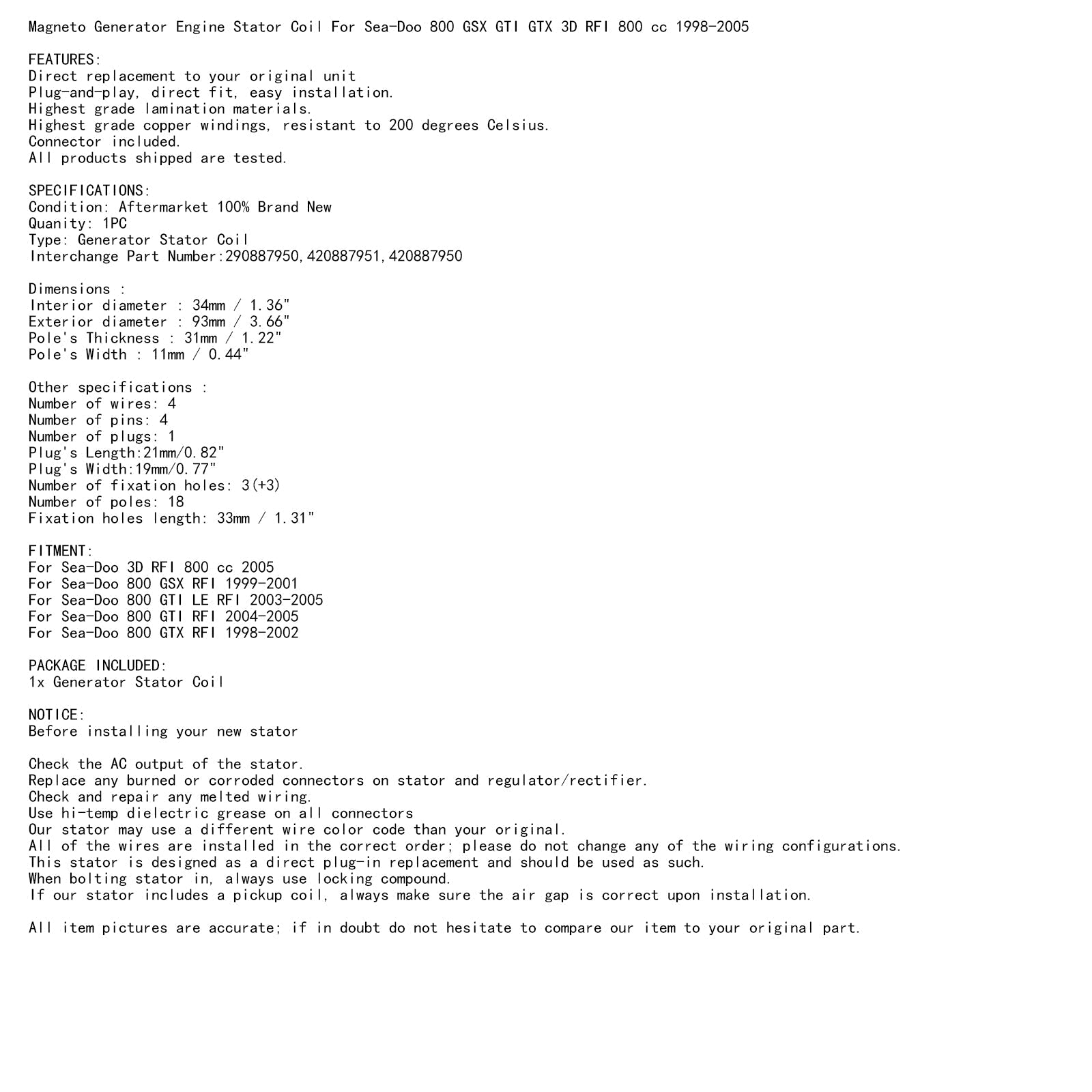 Bobine de stator magnéto pour Sea-Doo GTI GSX GTX RFI 800cc 98-05 290887950 420887951 Générique