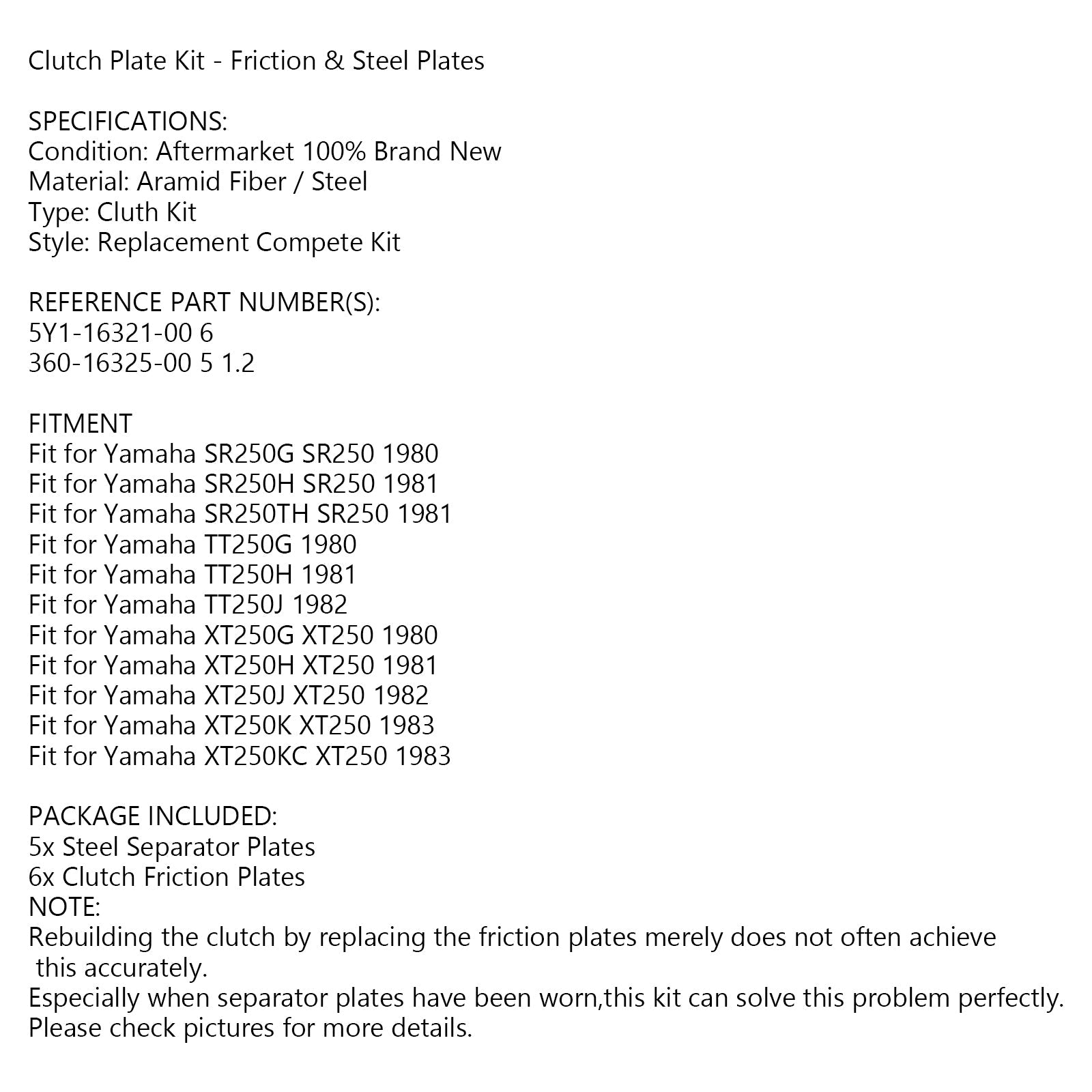 Kit d'embrayage en acier & Plaques de friction adaptées aux Yamaha SR250 G/H/TH TT250 XT250 G/H Generic