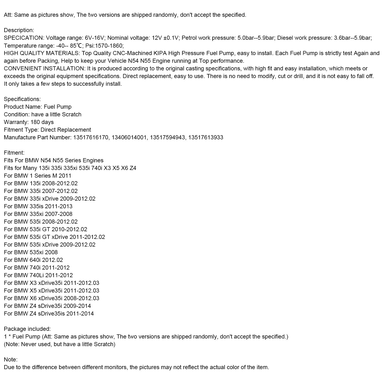 2012.02 BMW 640i Høytrykk drivstoffpumpe 13517616170 13406014001