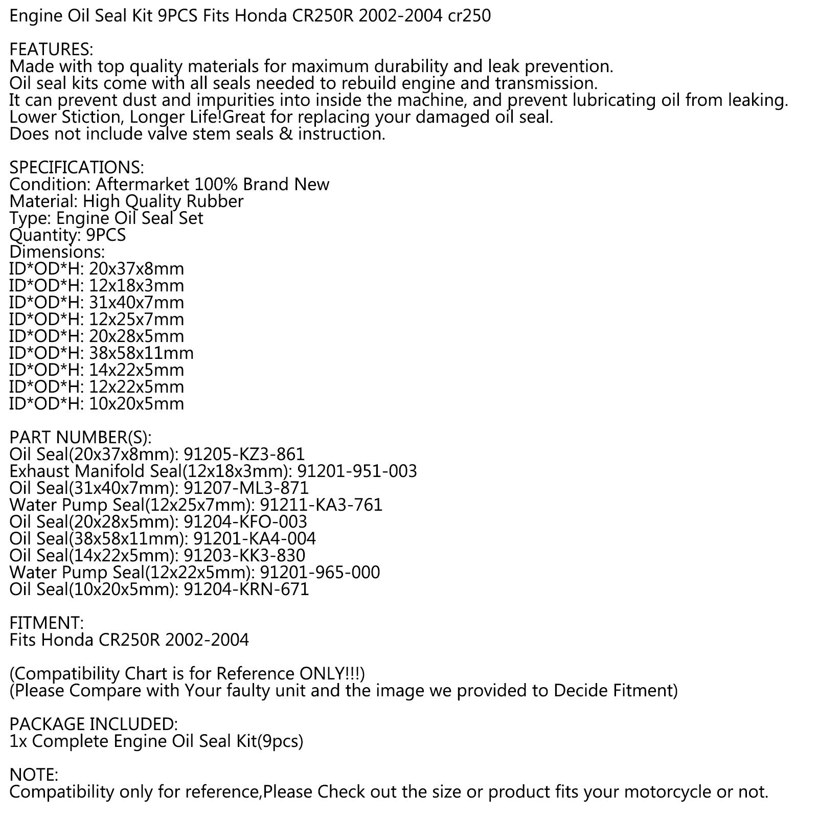 Kit de joints d'huile moteur 9 pièces, pour Honda CR250R 2002 – 2004 cr250r cr-250r générique