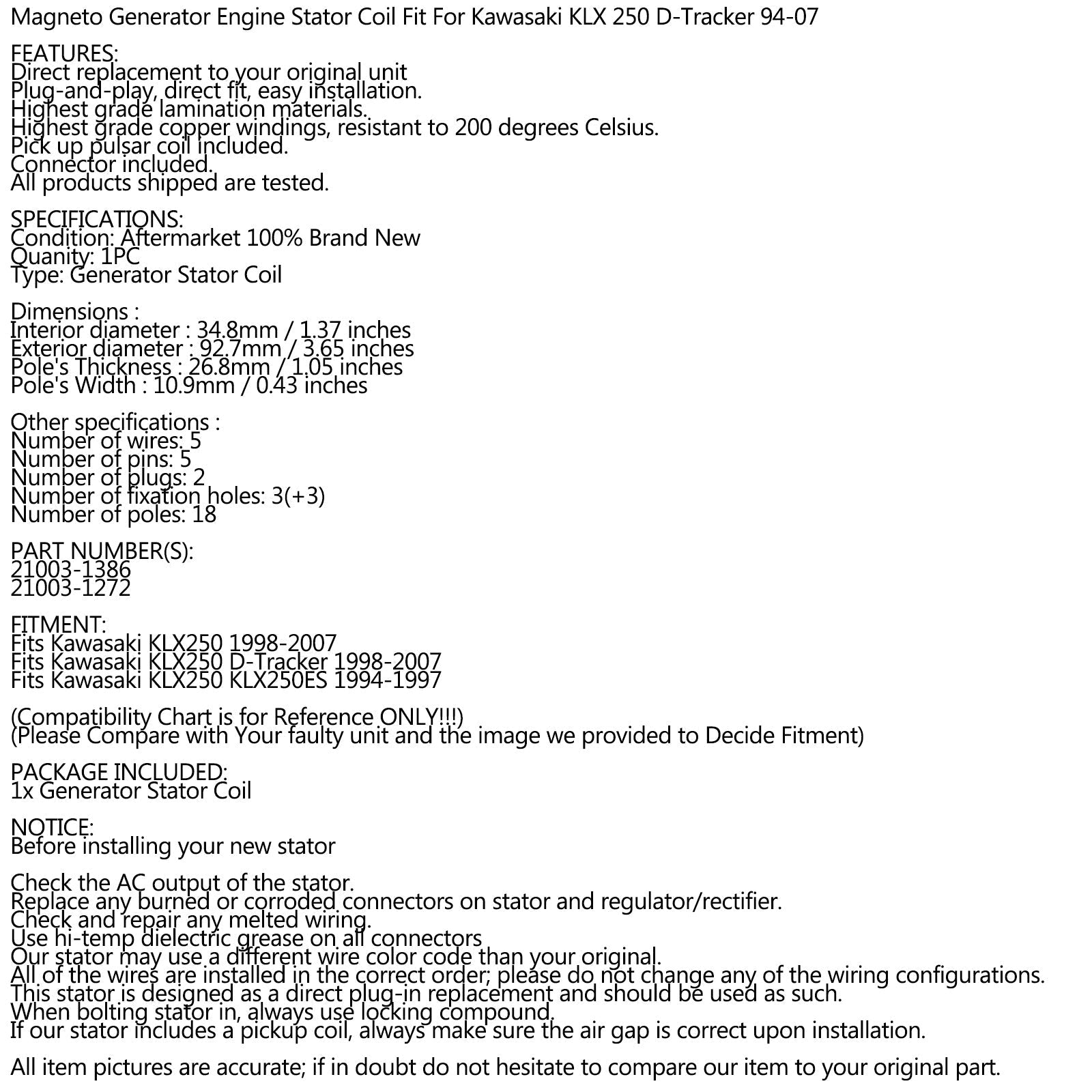Générateur de stator pour Kawasaki KLX250 KLX 250 D-Tracker 1994-2007 06 05 04 03 générique