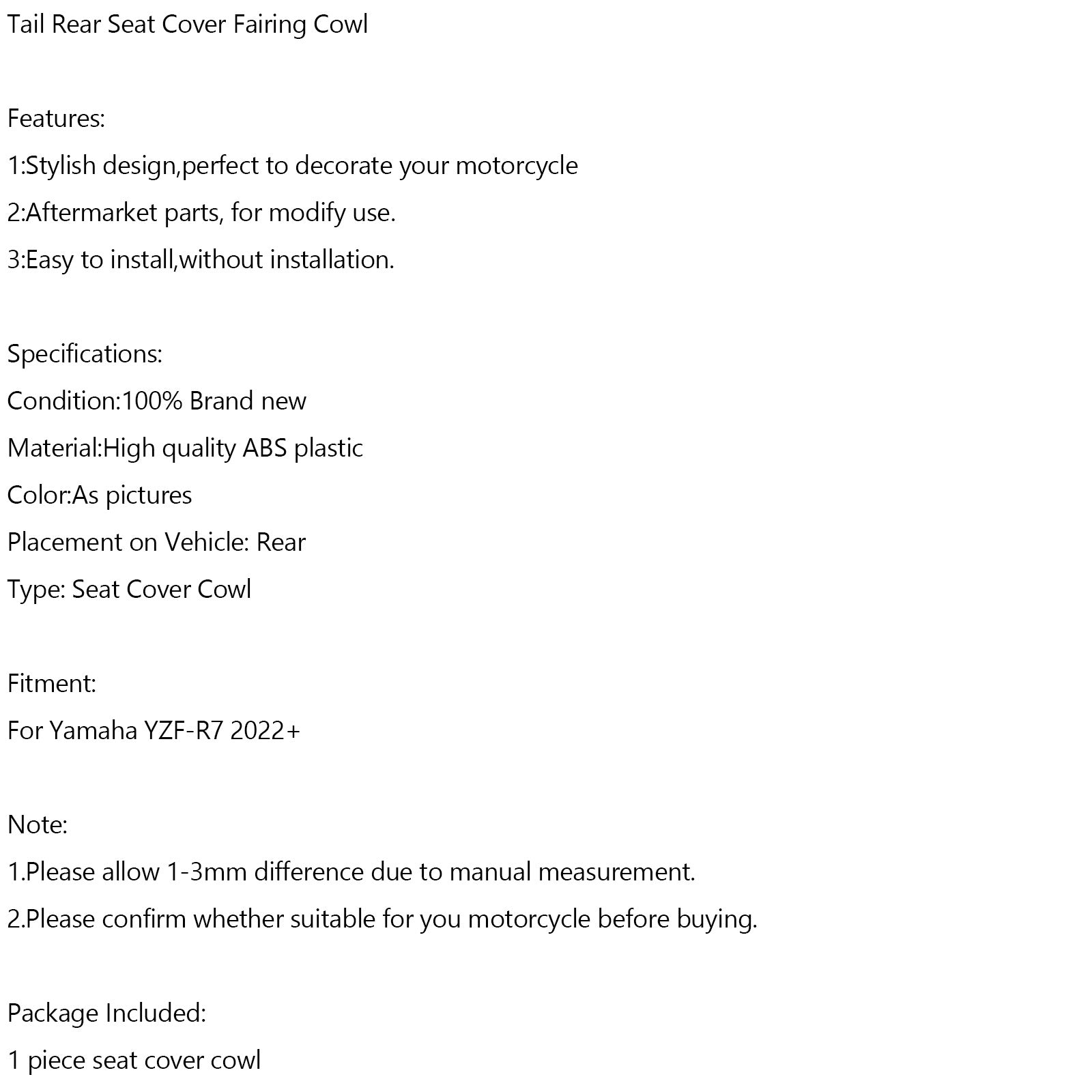 2022-2023 YAMAHA YZF-R7 YZF R7 zadné sedadlo Cover Cover COWL COWL