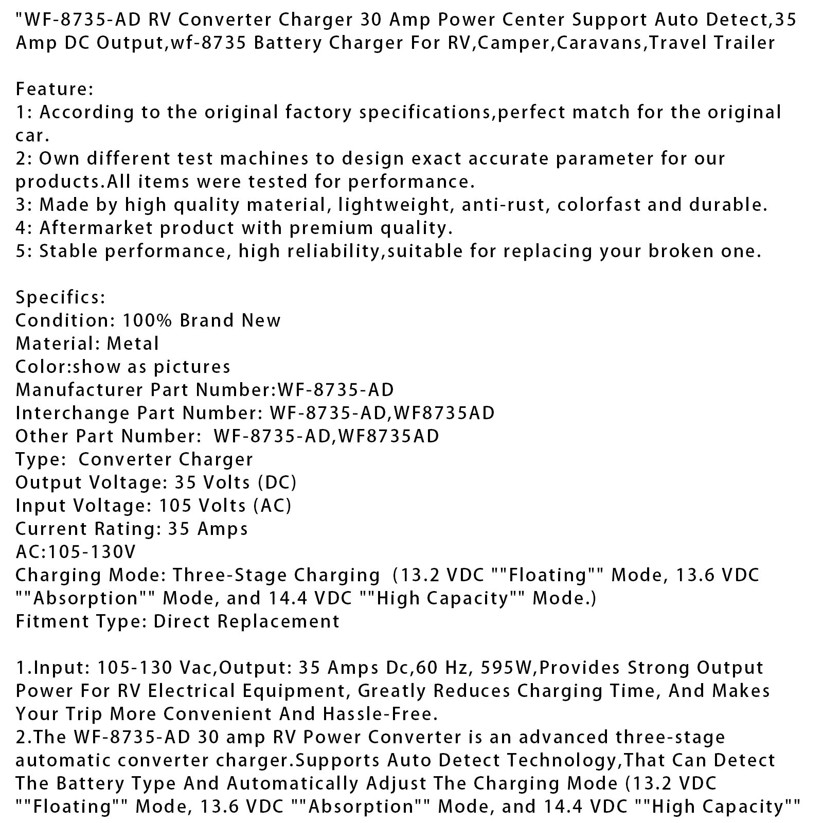 WF-8735-AD RV Converter Charger 30 Amp Power Center Support Auto Detect RV