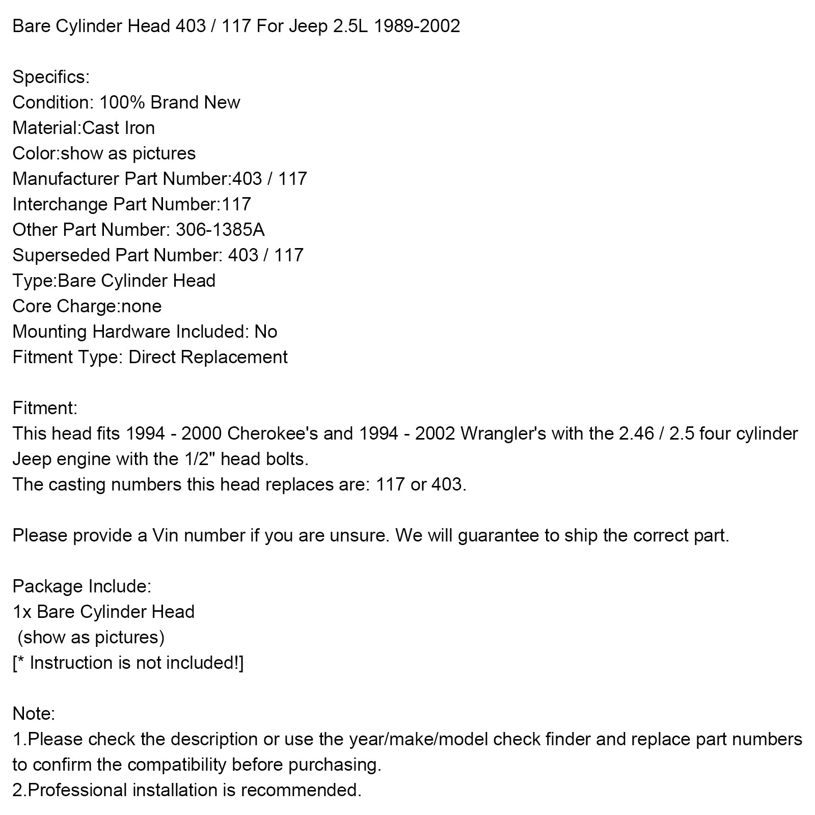 1989-2002 Jeep 2.5L kale cilinderkop 403/117