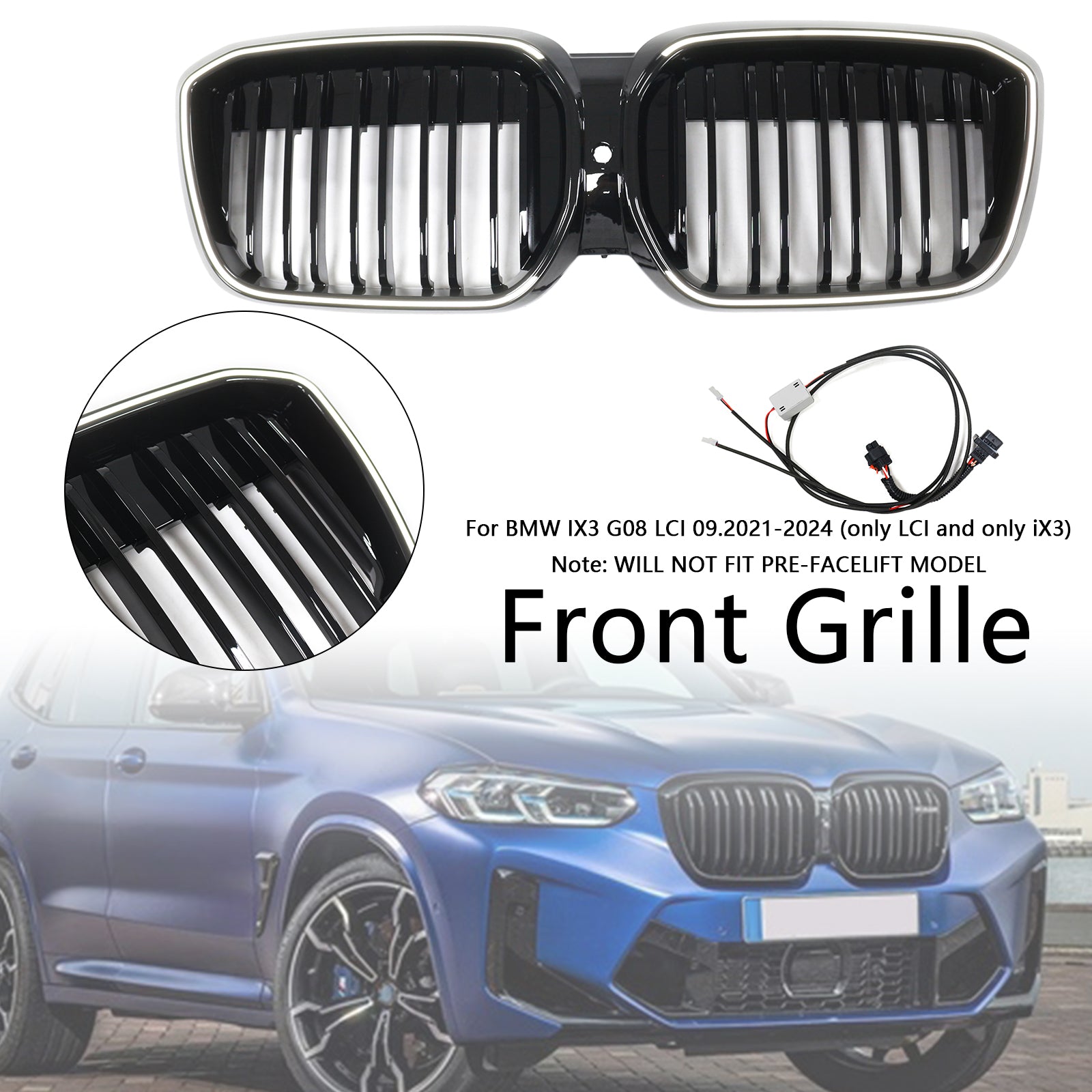 2022-2024 BMW IX3 G08 LCI Double slat gloss Black Front Kidney Grill