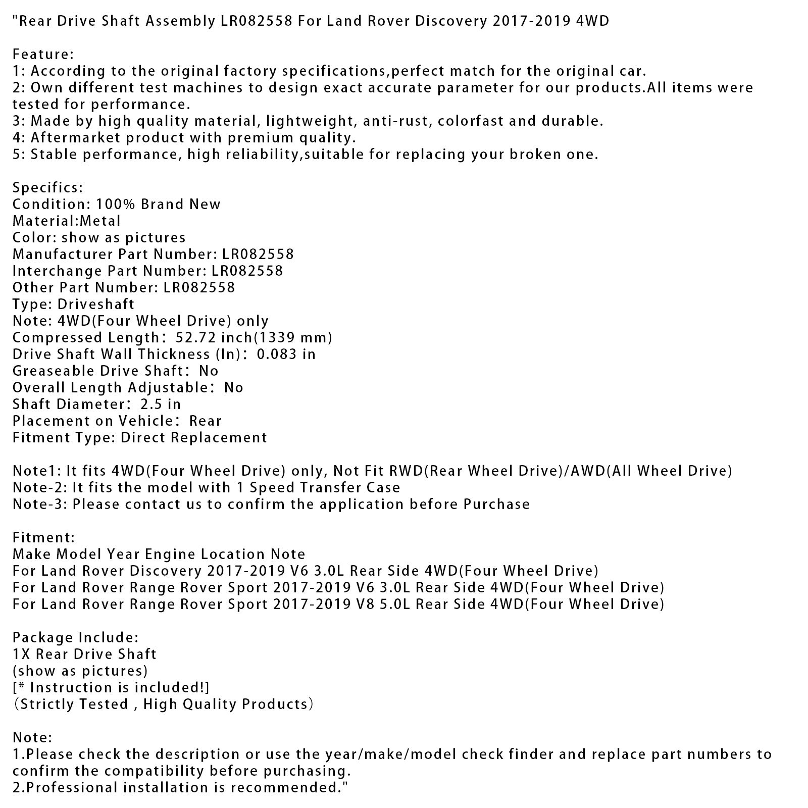 2017-2019 Land Rover Range Rover Sport V6 3,0L côté arrière 4xis 4 roues motrices Assemblage d'arbre LR082558