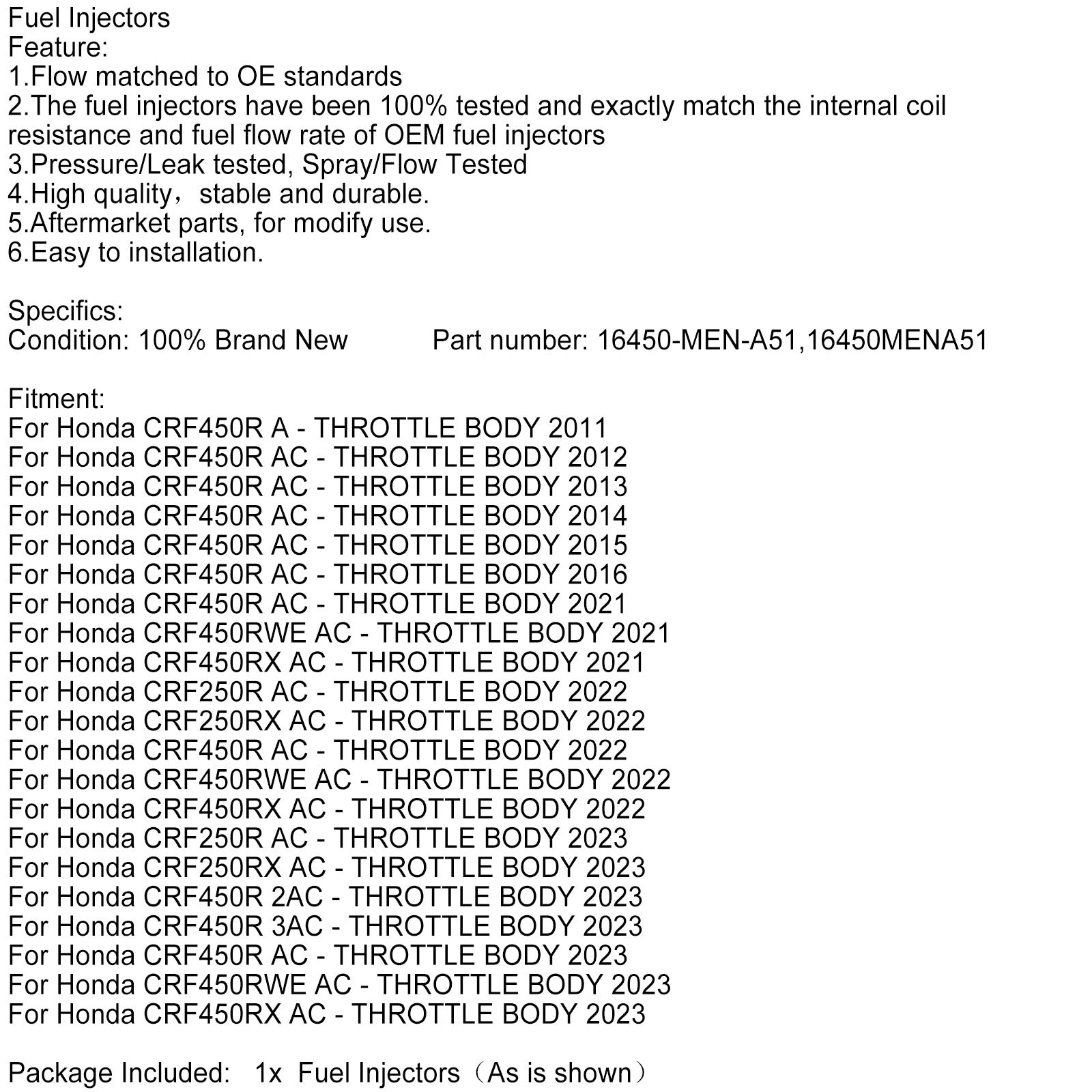 16450-Men-A51 Bränsleinsprutare för Honda 2011-2023 CRF450R 2021-23 CRF450RWE
