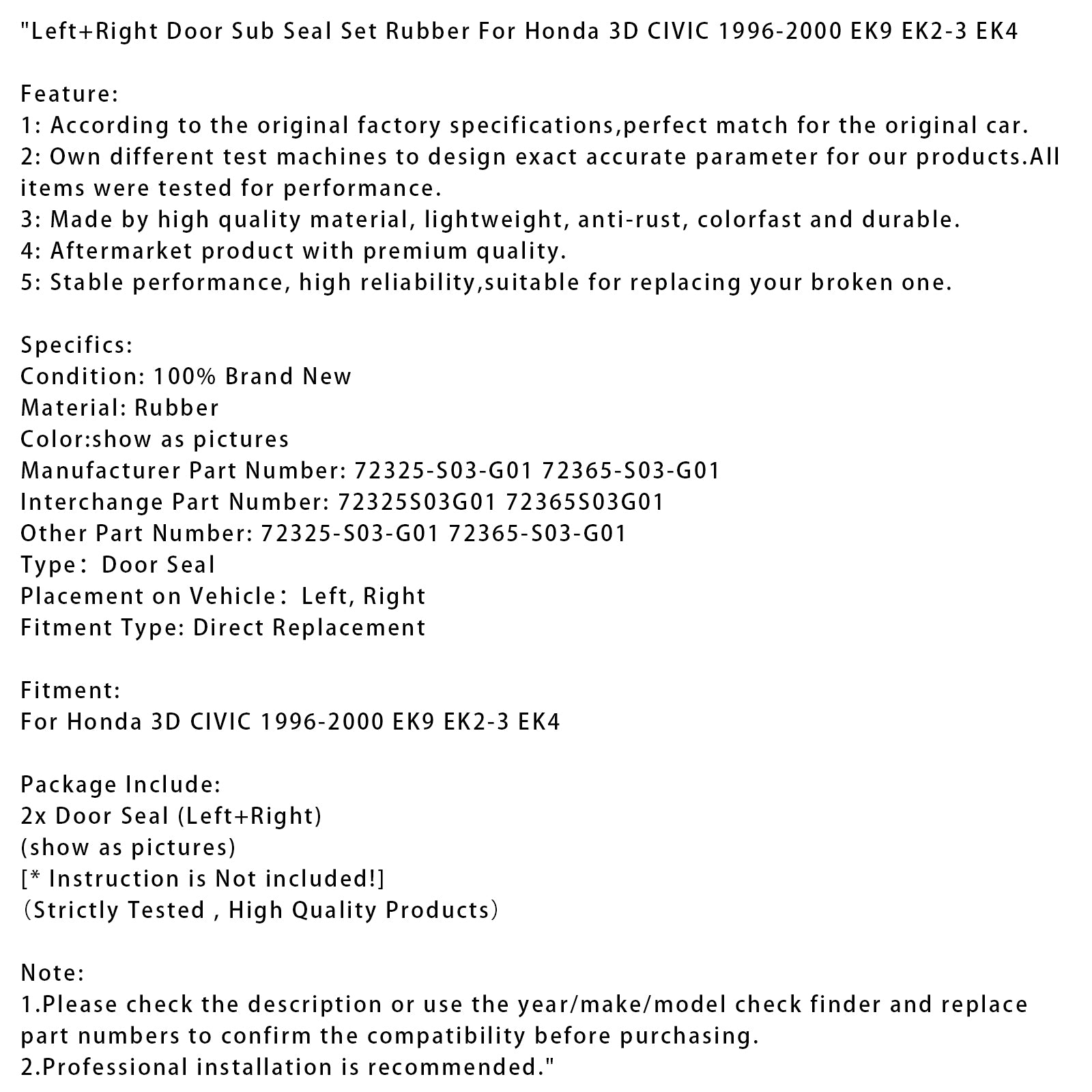 Left+Right Door Sub Seal Set Rubber For Honda 3D CIVIC 1996-2000 EK9 EK2-3 EK4