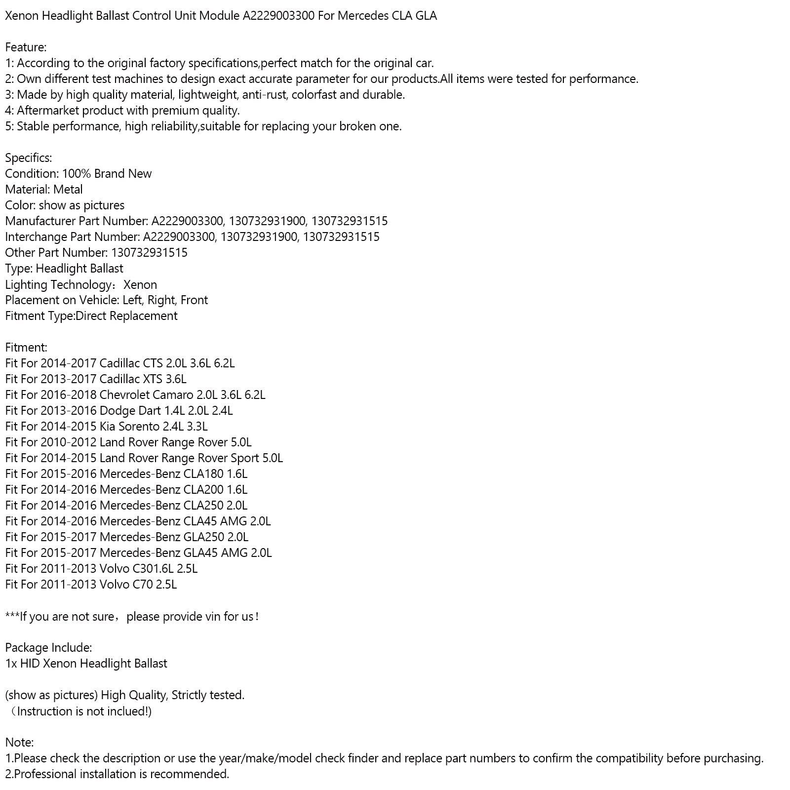 Xenon-koplampballastregeleenheidmodule A2229003300 voor Mercedes CLA GLA