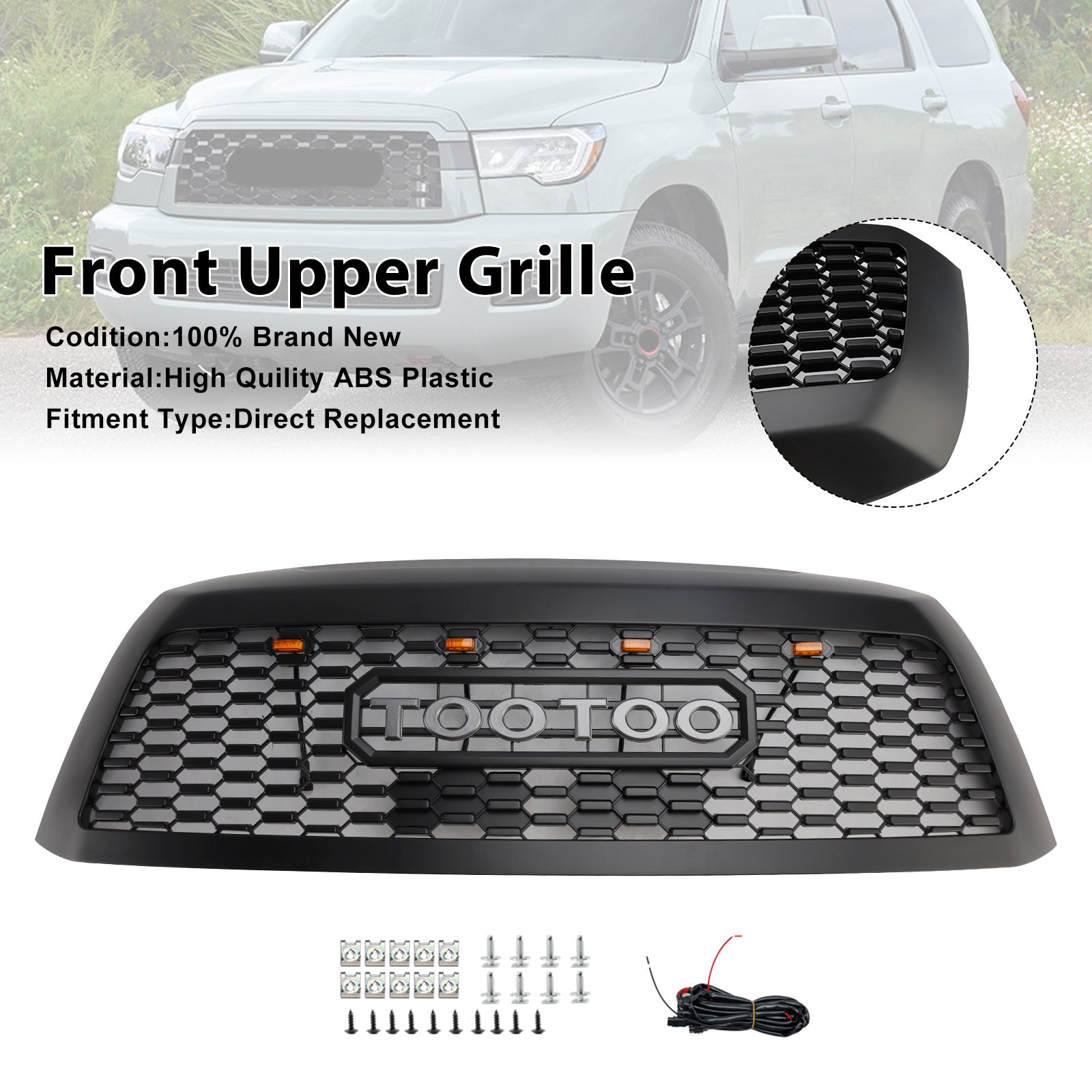 Matte Black Front Bumper Grill Grille Fit Toyota Sequoia 2008-2018 With Led