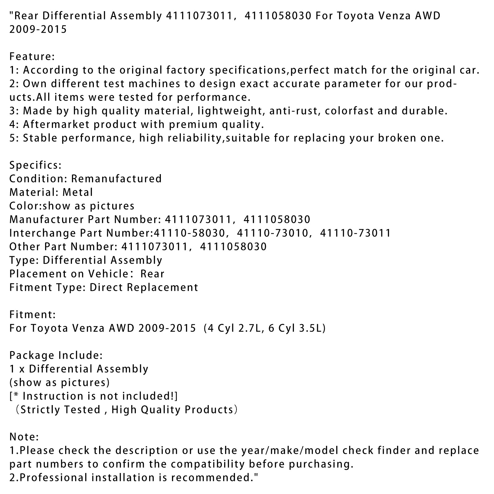2009-2015 Toyota Venza AWD Zadná diferenciálna zostava 4111073011 4111058030
