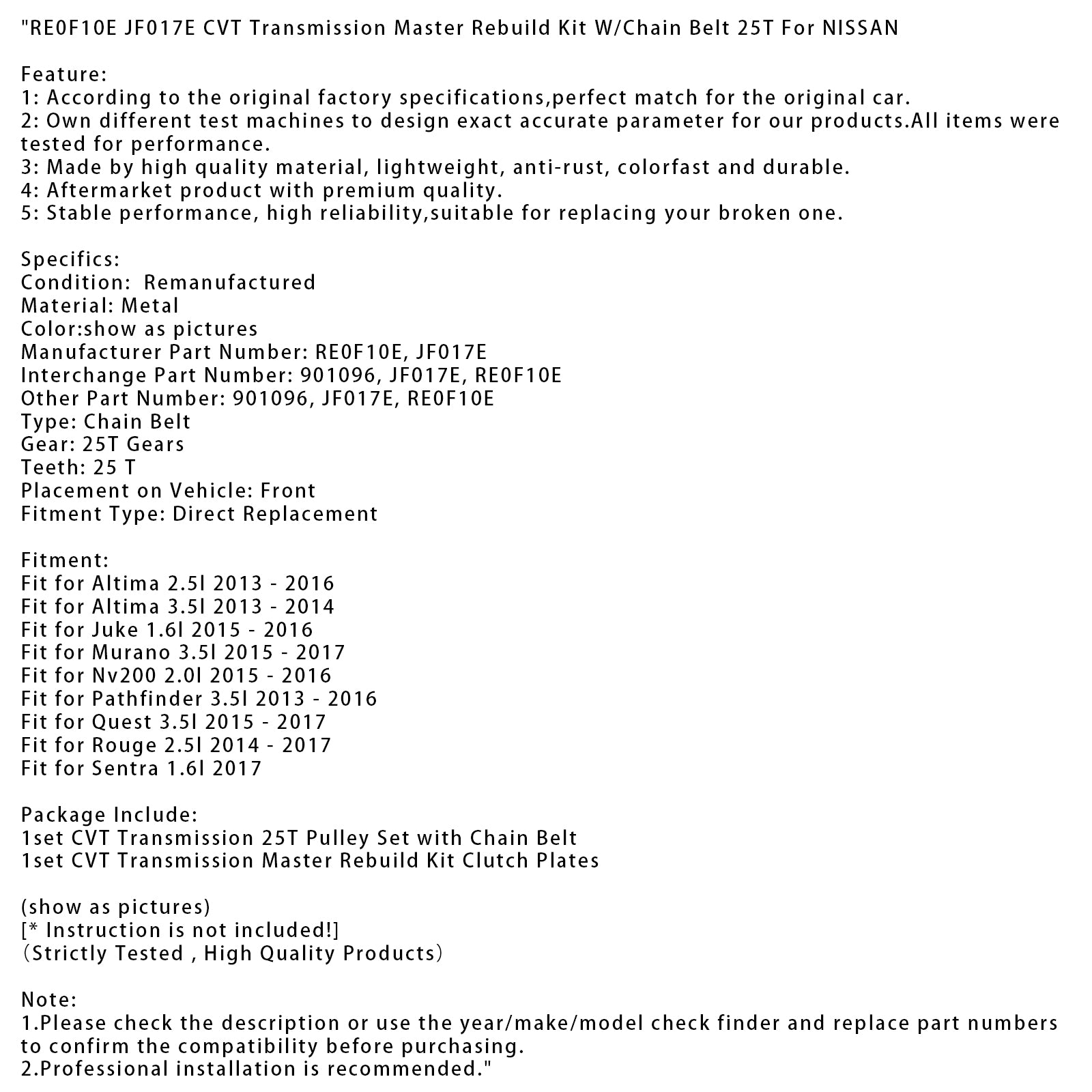 2015-2017 Quest 3.5l RE0F10E JF017E CVT Transmissie Master Rebuild Kit met kettingriem 25T