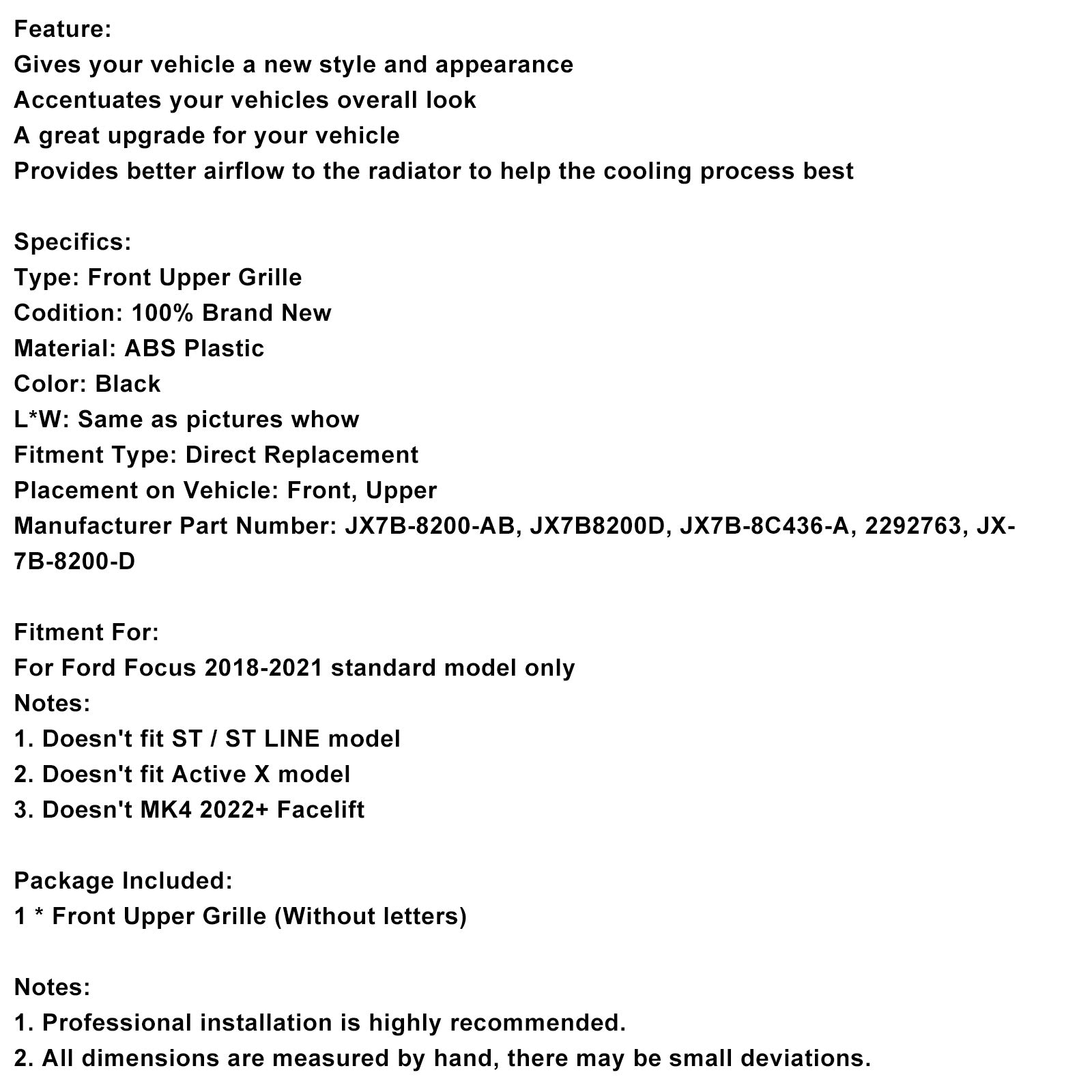 2018-2021 Ford Focus MK4 ST Style Gloss Black Mesh Front Bumper Grill