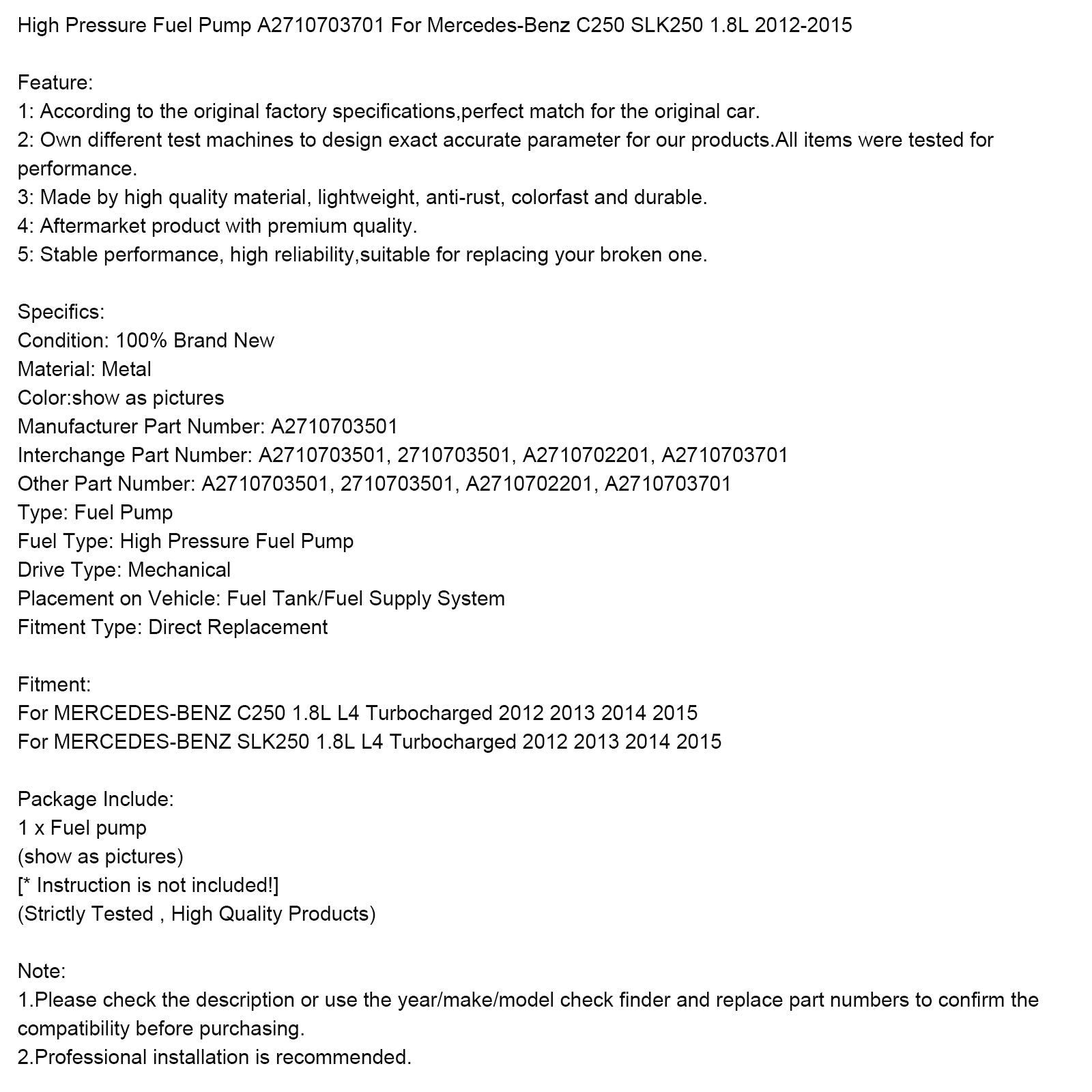 2012 2013 2014 2015 Mercedes-Benz SLK250 1.8L L4 Bomba de combustível de alta pressão turbo de alta pressão A2710703701