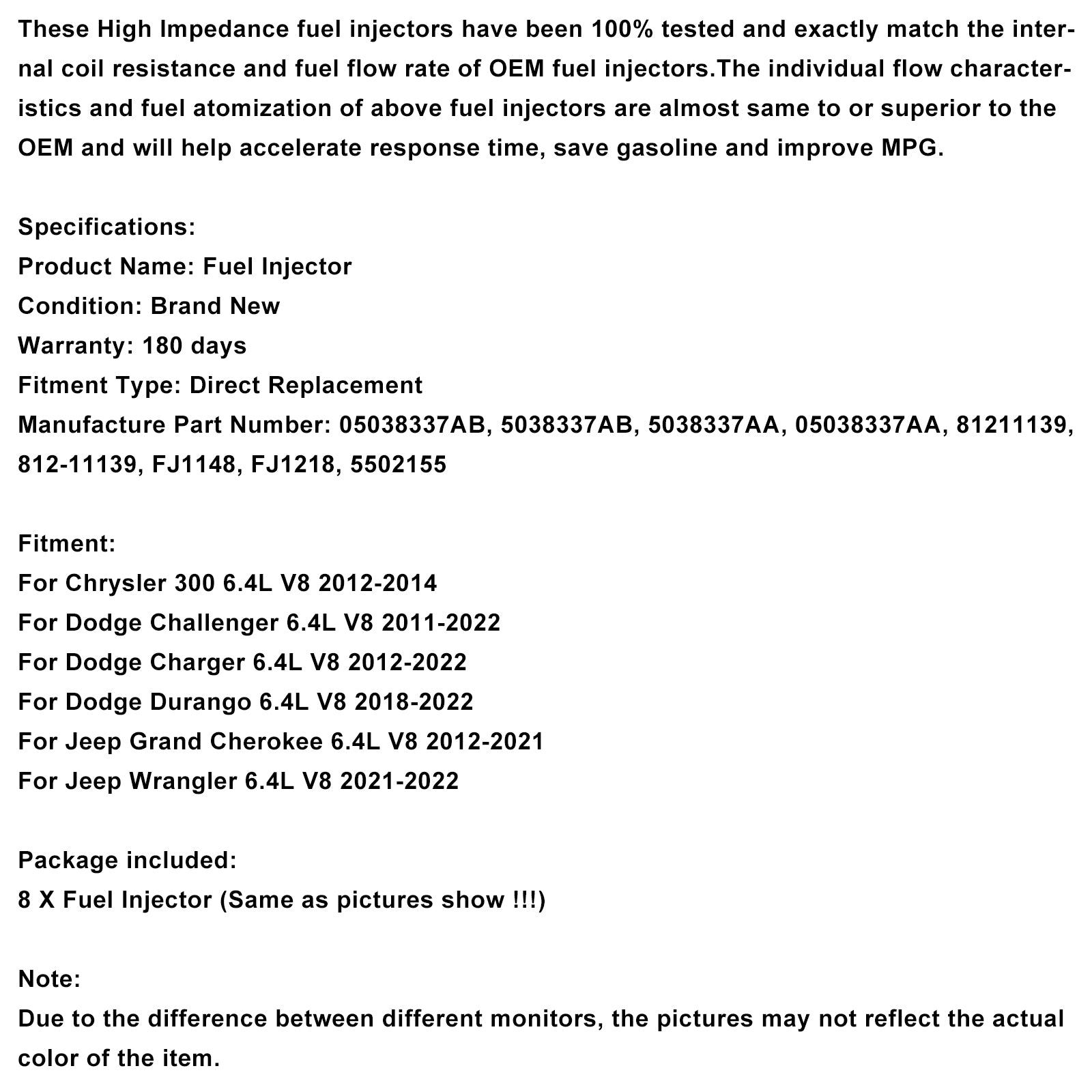 2018-2022 Dodge Durango 6.4L V8 8PCS Brandstofinjector 05038337AB 5502155