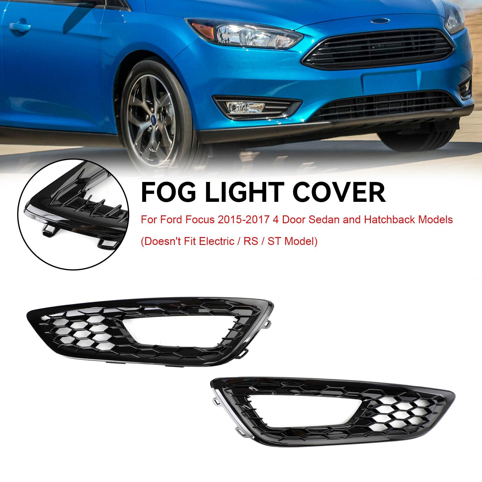 Pair Front Bumper Fog Light Lamp Cover Bezel Grill fit Ford Focus 2015-2017