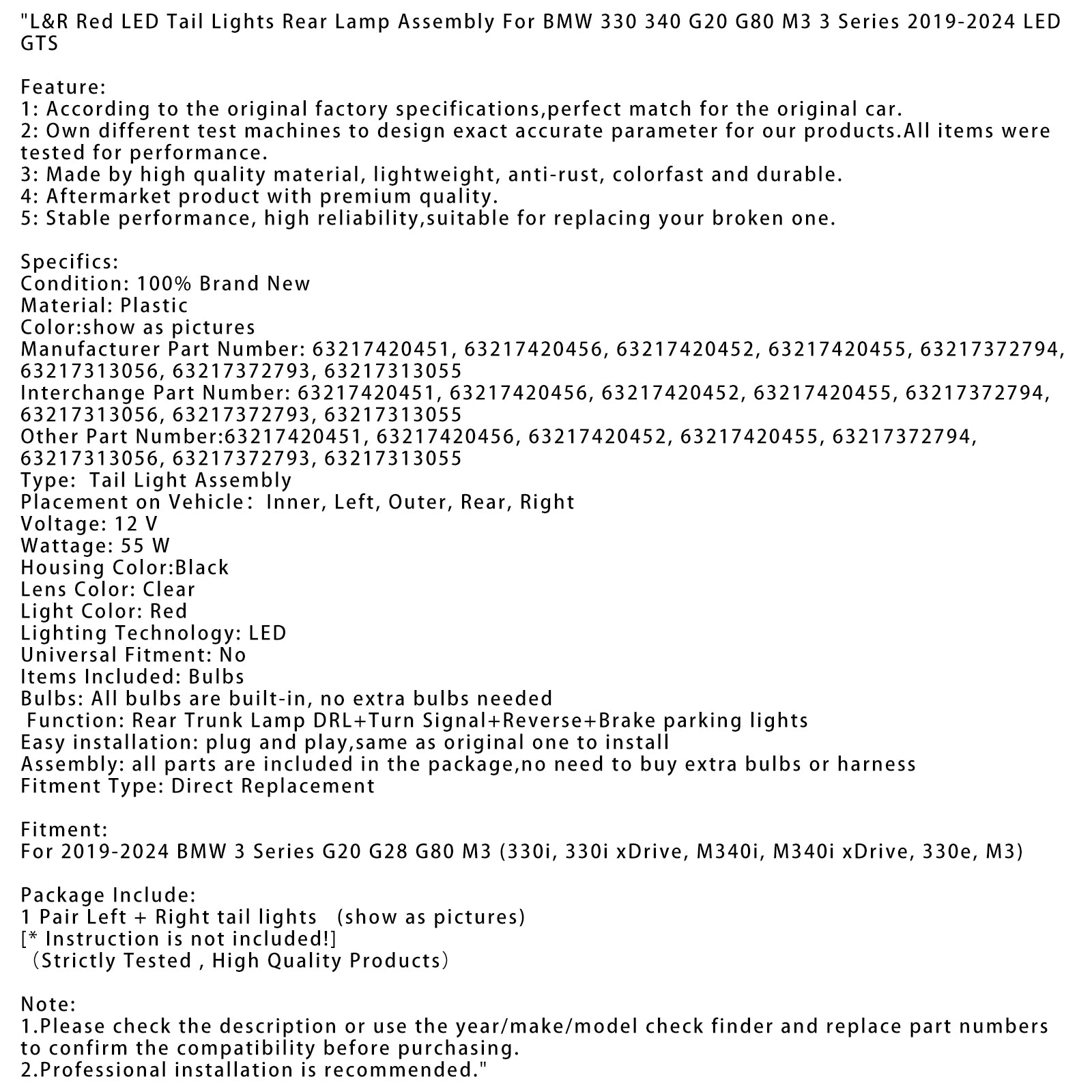 2019-2024 BMW radu 3 G20 G28 G80 M3 L&Zostava zadných červených LED svetiel R