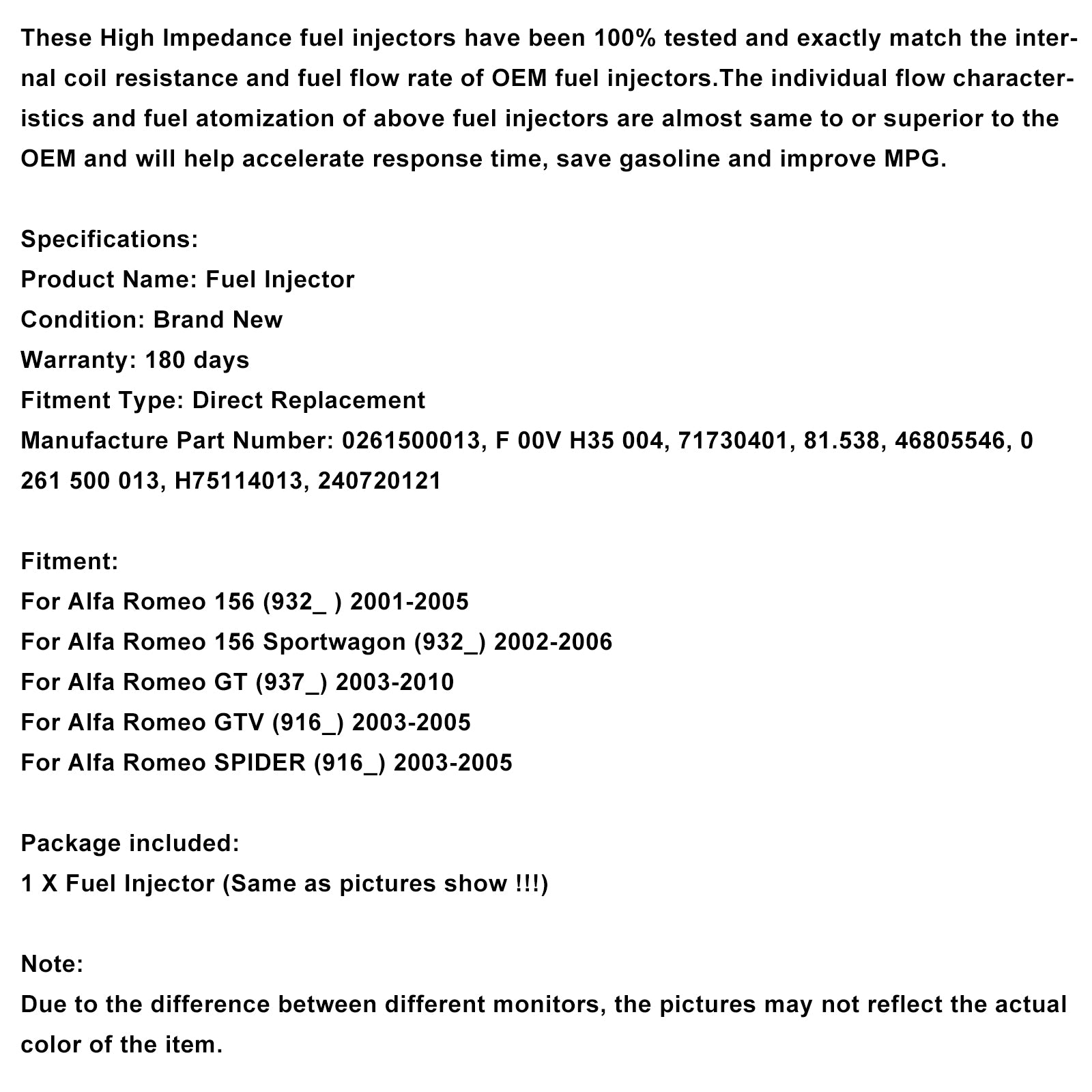 4st bränsleinsprutare 0261500013 Fit Alfa Romeo 156 932 GT 937 GTV Spider 916 2.0