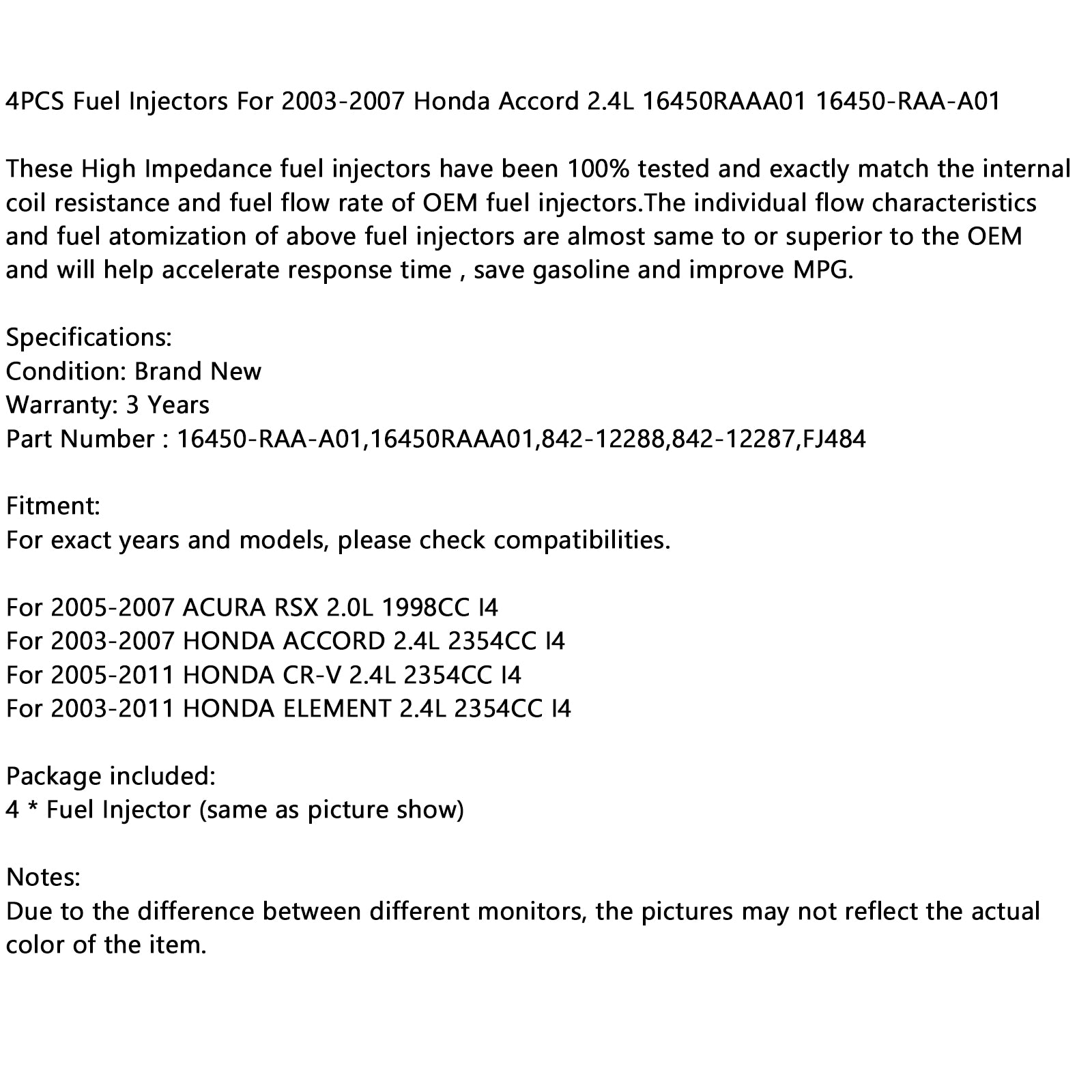 2005-2007 ACURA RSX 2.0L 1998CC I4 4PCS Fuel Injectors 16450RAAA01 16450-RAA-A01