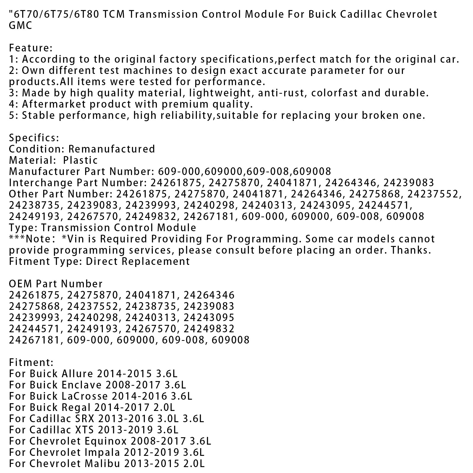 Module de commande de transmission Buick Enclave 3,6 L TCM 6T70/6T75/6T80 2008-2017