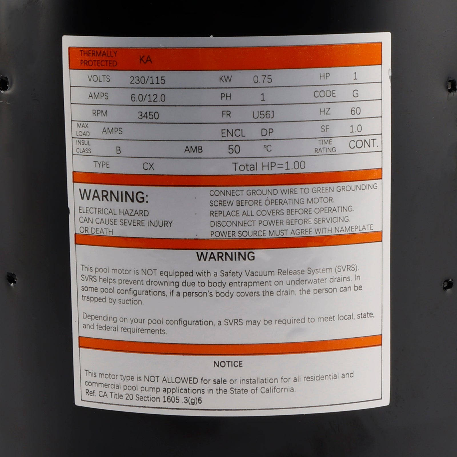 Moteur de piscine B228Se 1 HP, 3450 tr/min, 1 vitesse, 230/115 volts, 6,0/12,0 ampères