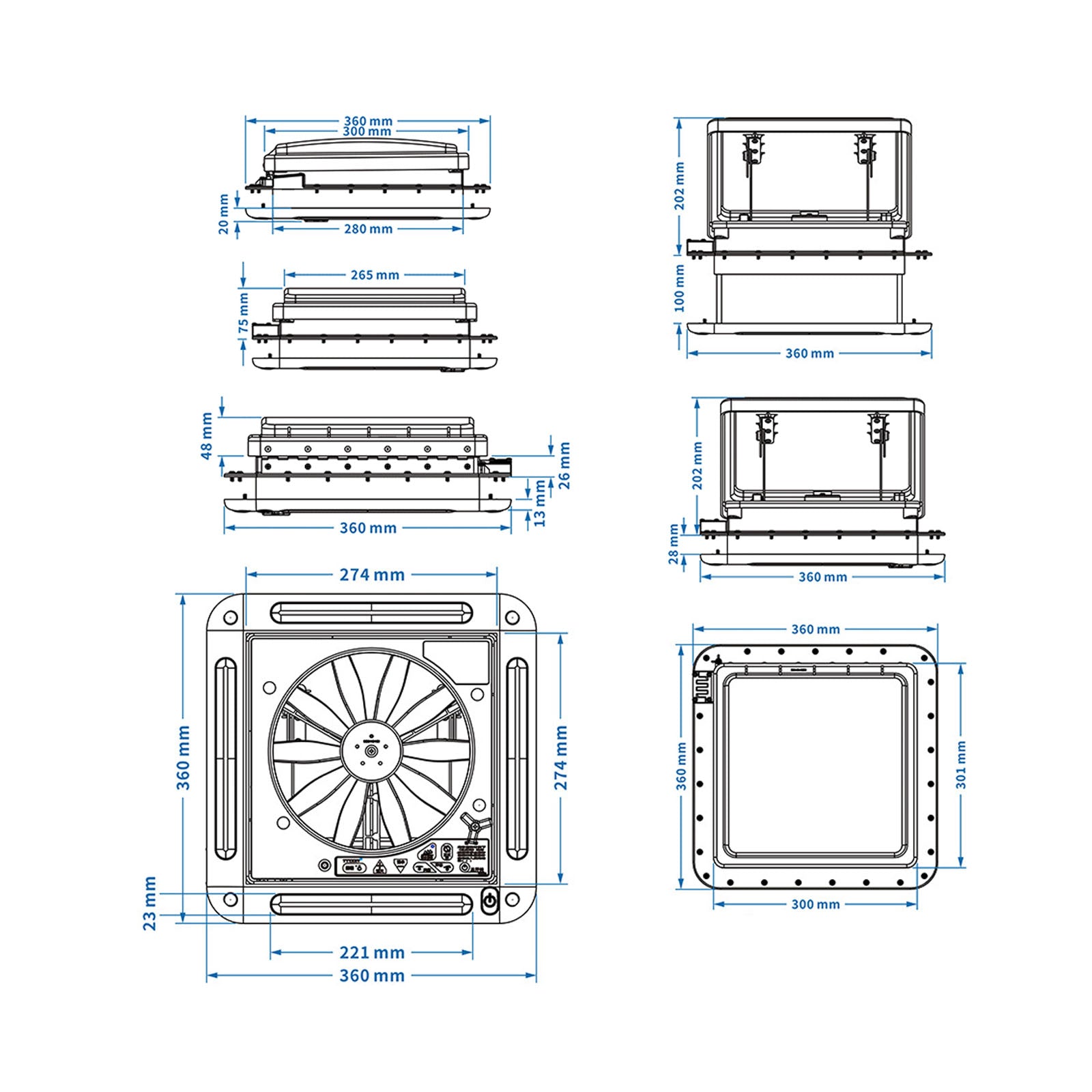 11" 12V met LED-licht RV Caravan dakventilatiemotor RV ventilator dakraam