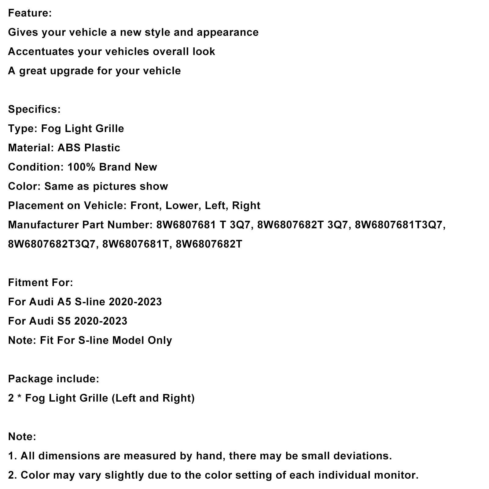 2020-2023 Audi A5 S-line S5 2 st Främre Stötfångare Dimljusskydd Grill 8W6807682T3Q7