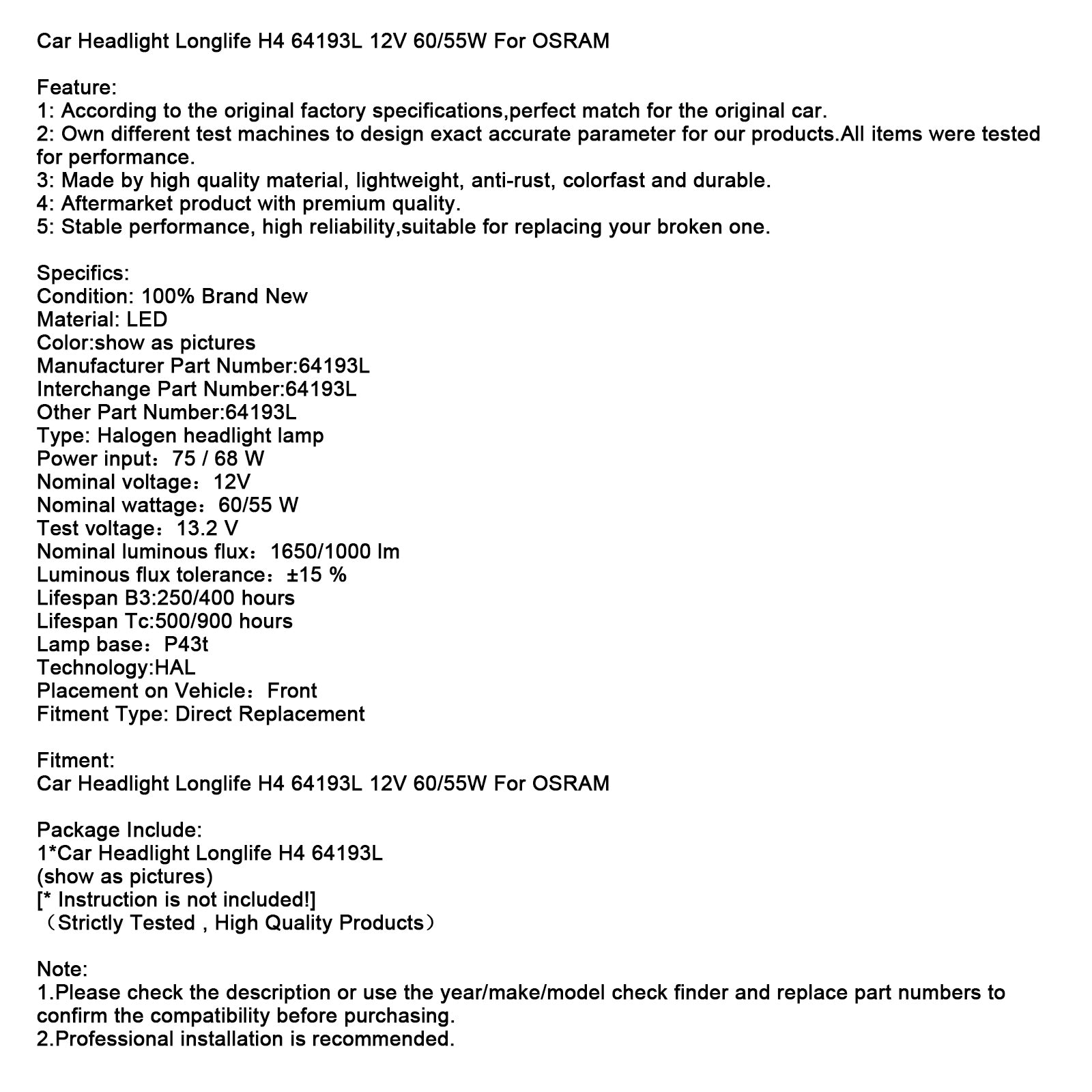 Autokoplamp Longlife H4 64193L 12V 60/55W voor OSRAM