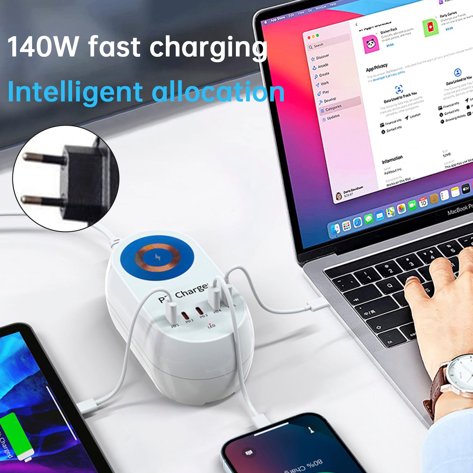 140W PD Multi-Port Charger Magnetic Wireless Fast Lading PD100W Laptop Mobile Phone Charger EU Plug
