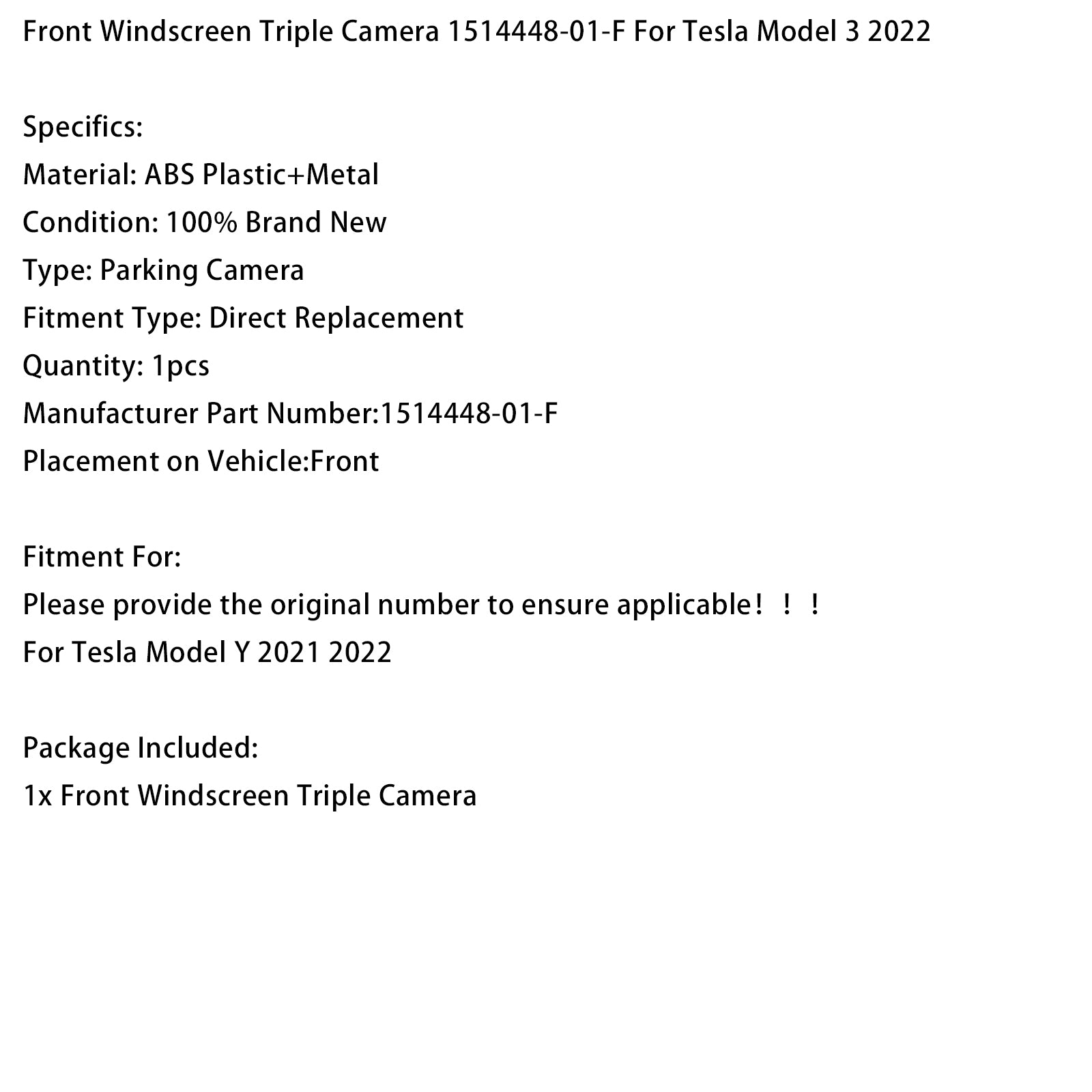 2022 Tesla Model 3 Front Windscreen Triple Camera 1514448-01-F