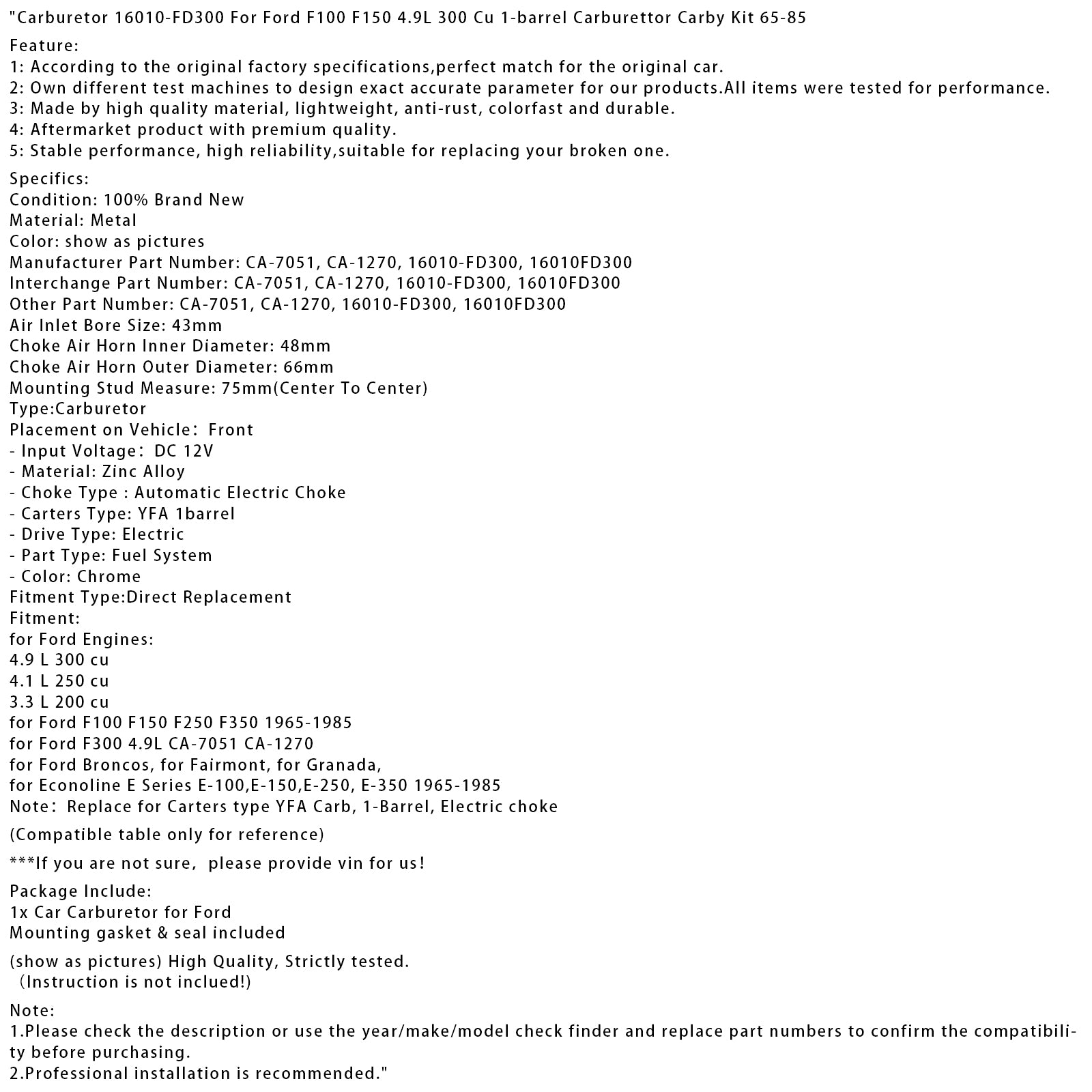 Carburetor 16010-FD300 Fit For Ford F100 F150 4.9L 300 Cu 1-barrel Carburettor Carby Kit 65-85