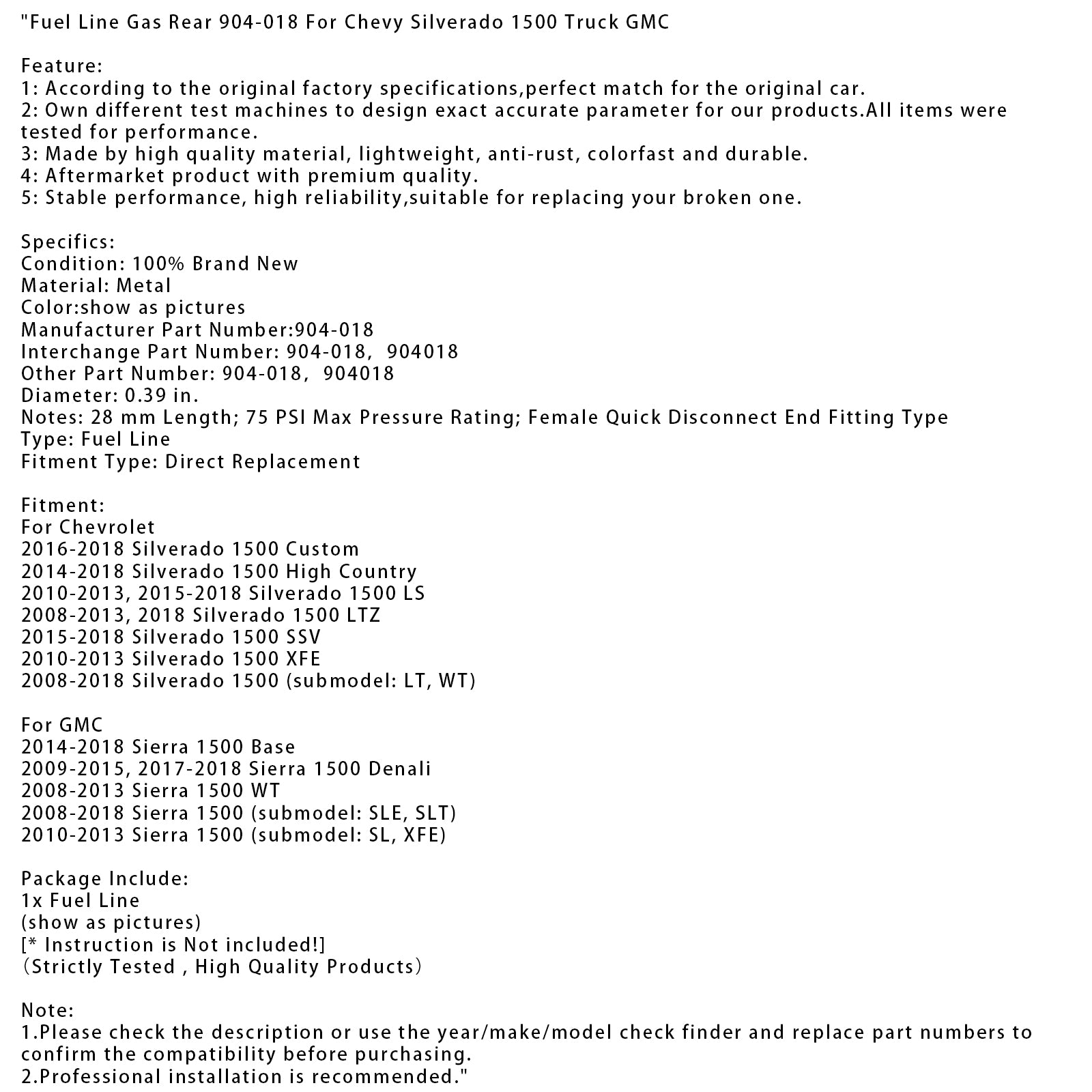 Fuel Line Gas Rear 904-018 For Chevy Silverado 1500 Truck GMC