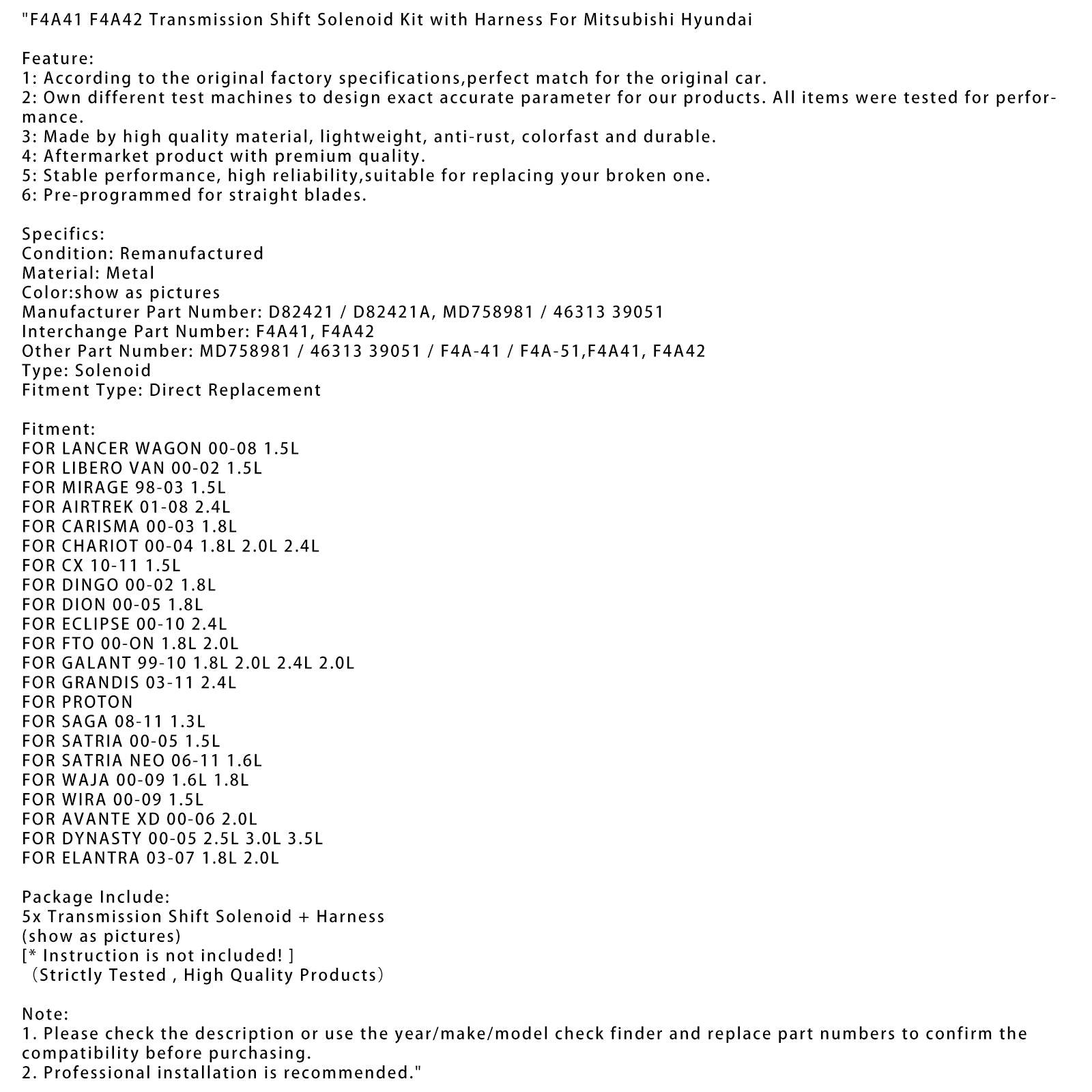 2008-2011 SAGA 1.3L Transmission Shift Solenoid Kit with Harness F4A41 F4A42