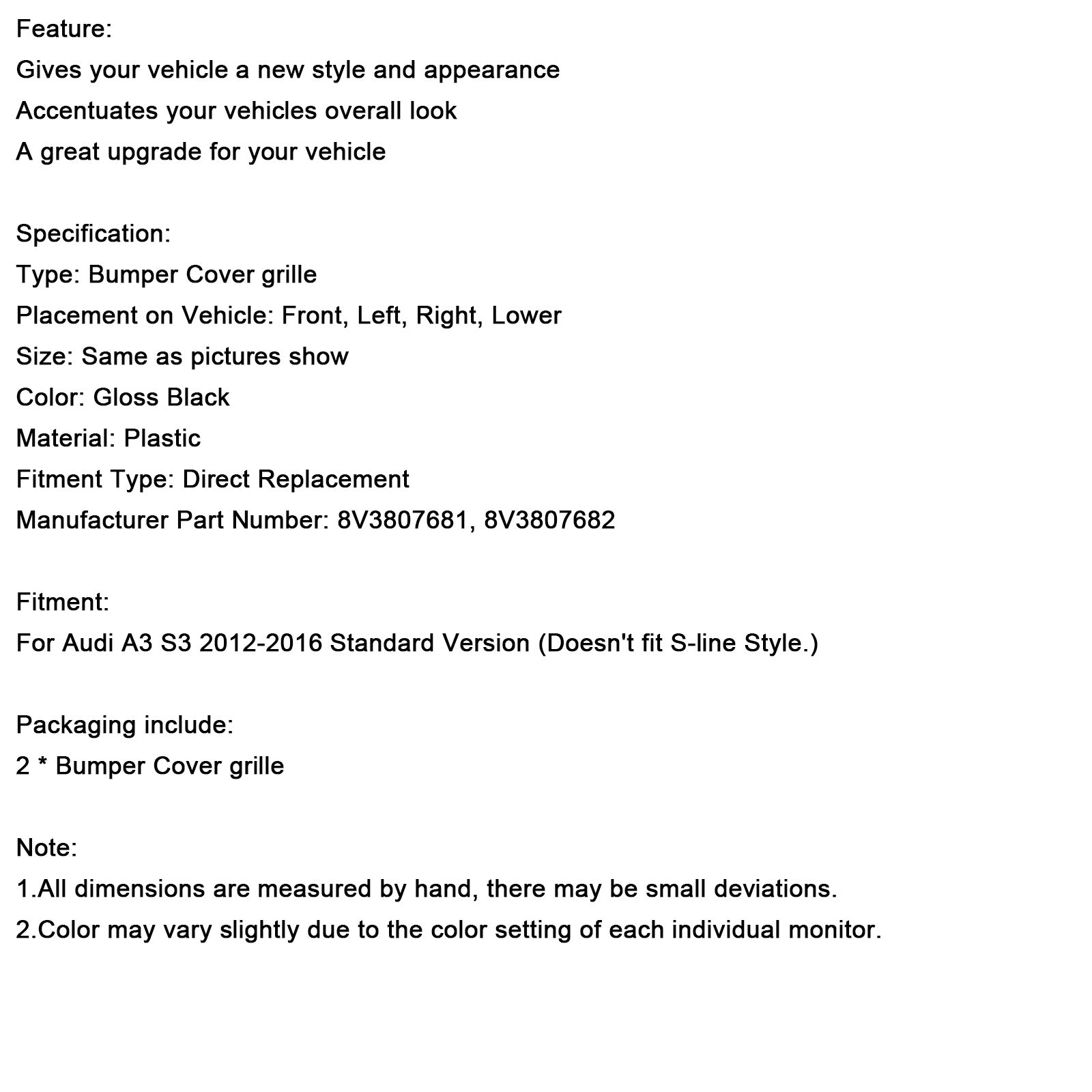 2012-2016 Audi A3 2ks predný nárazník hmlová hmlová obálka mriežky mriežky