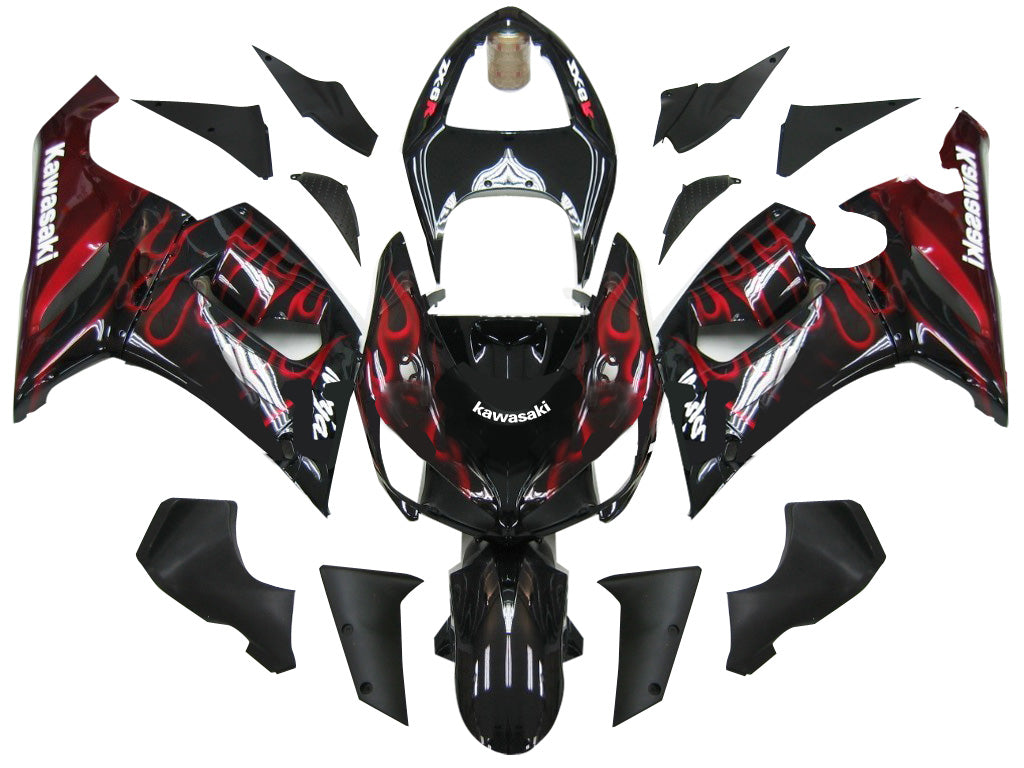 2005-2006 Kawasaki ZX6R 636 Carénages Noir & Rouge Flamme Ninja Racing Générique