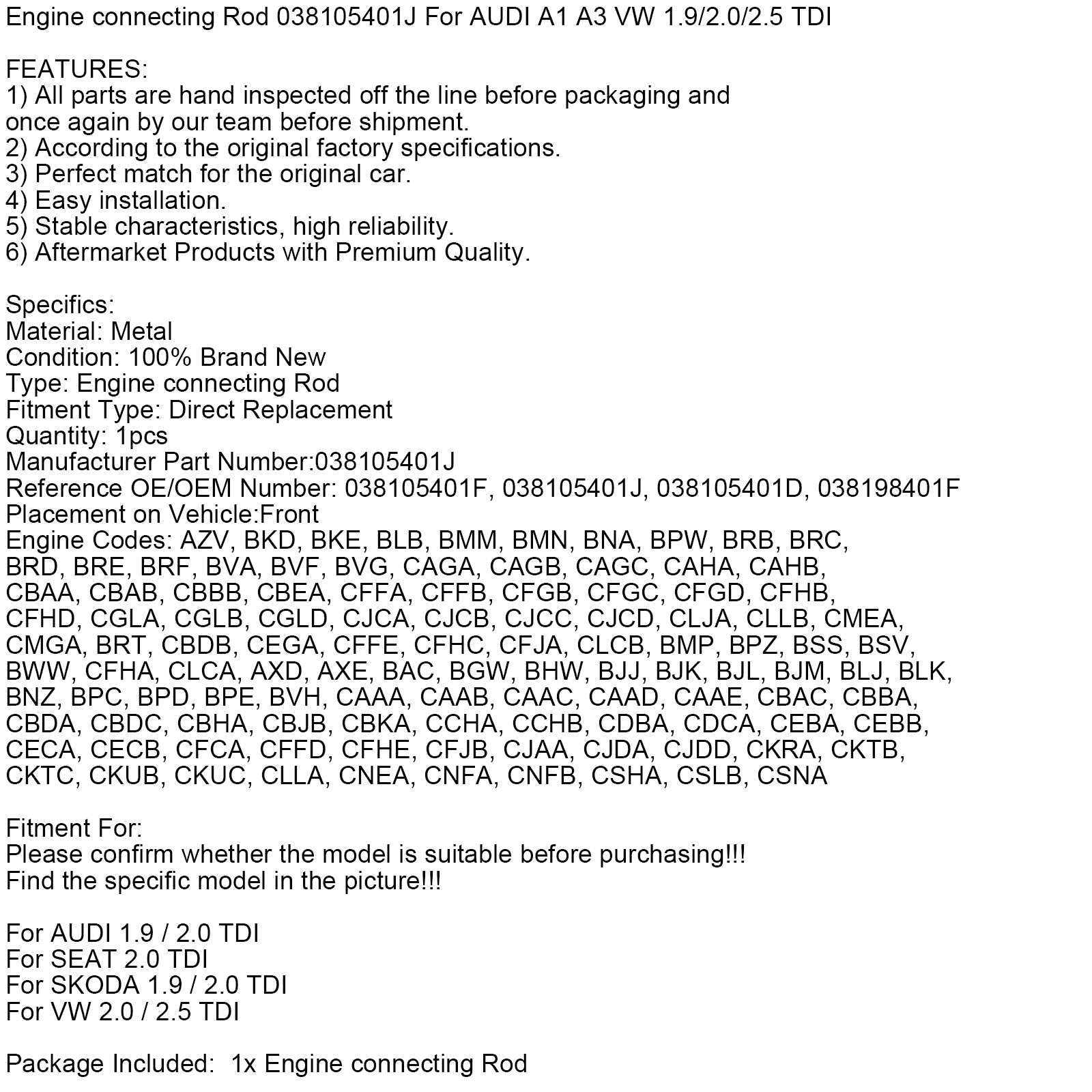 Motorvevstag 038105401J För AUDI A1 A3 VW 1.9/2.0/2.5 TDI