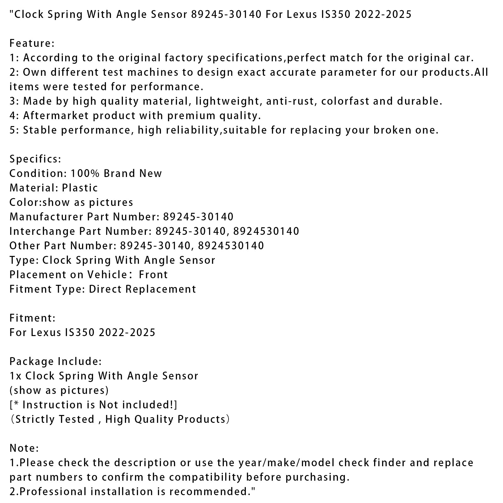 Clock Spring With Angle Sensor 89245-30140 For Lexus IS350 2022-2025