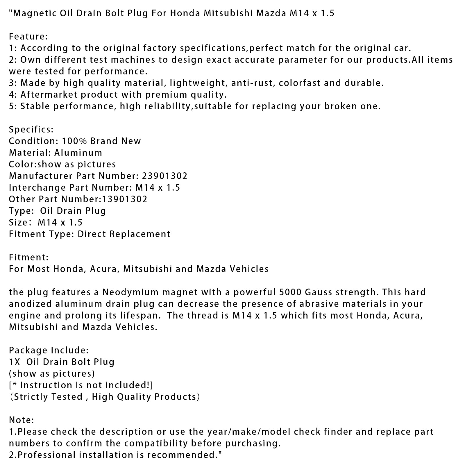 Tapón magnético de perno de drenaje de aceite para Honda Mitsubishi Mazda M14 x 1,5