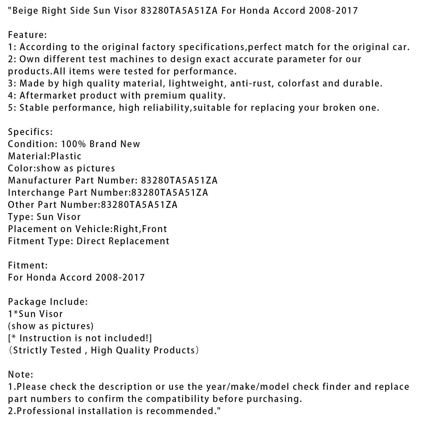 2008-2017 Honda Accord Beige Right Side Sun Visor 83280TA5A51ZA