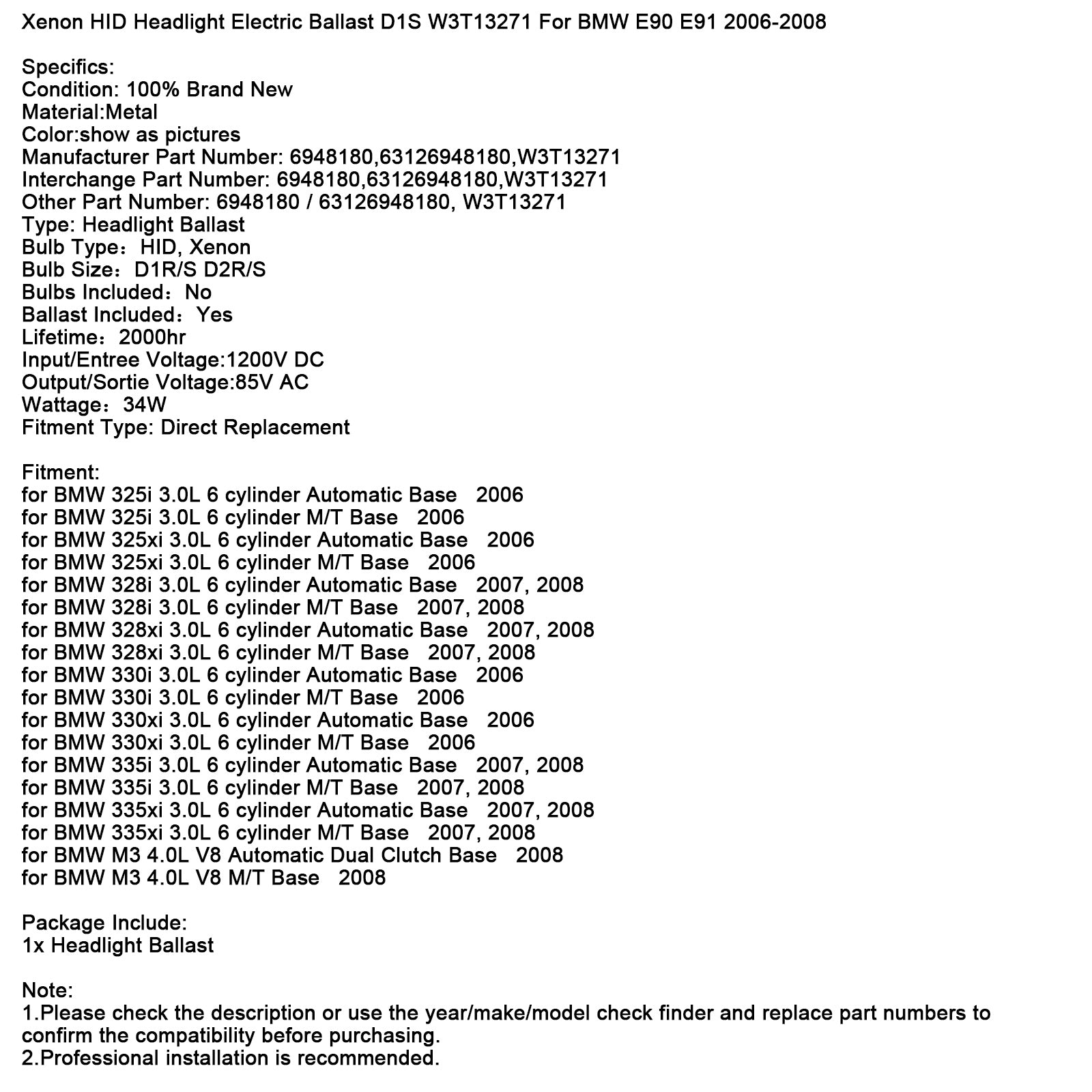 Xenon HID Headlight Electric Ballast D1S W3T13271 For BMW E90 E91 2006-2008