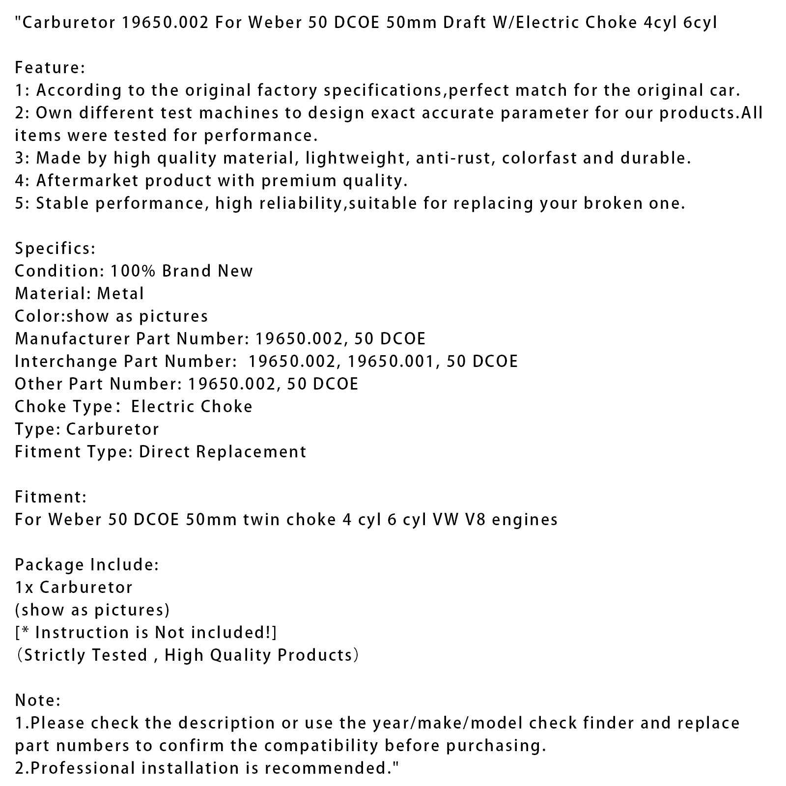 Carburetor 19650.002 For Weber 50 DCOE 50mm Draft W/Electric Choke 4cyl 6cyl