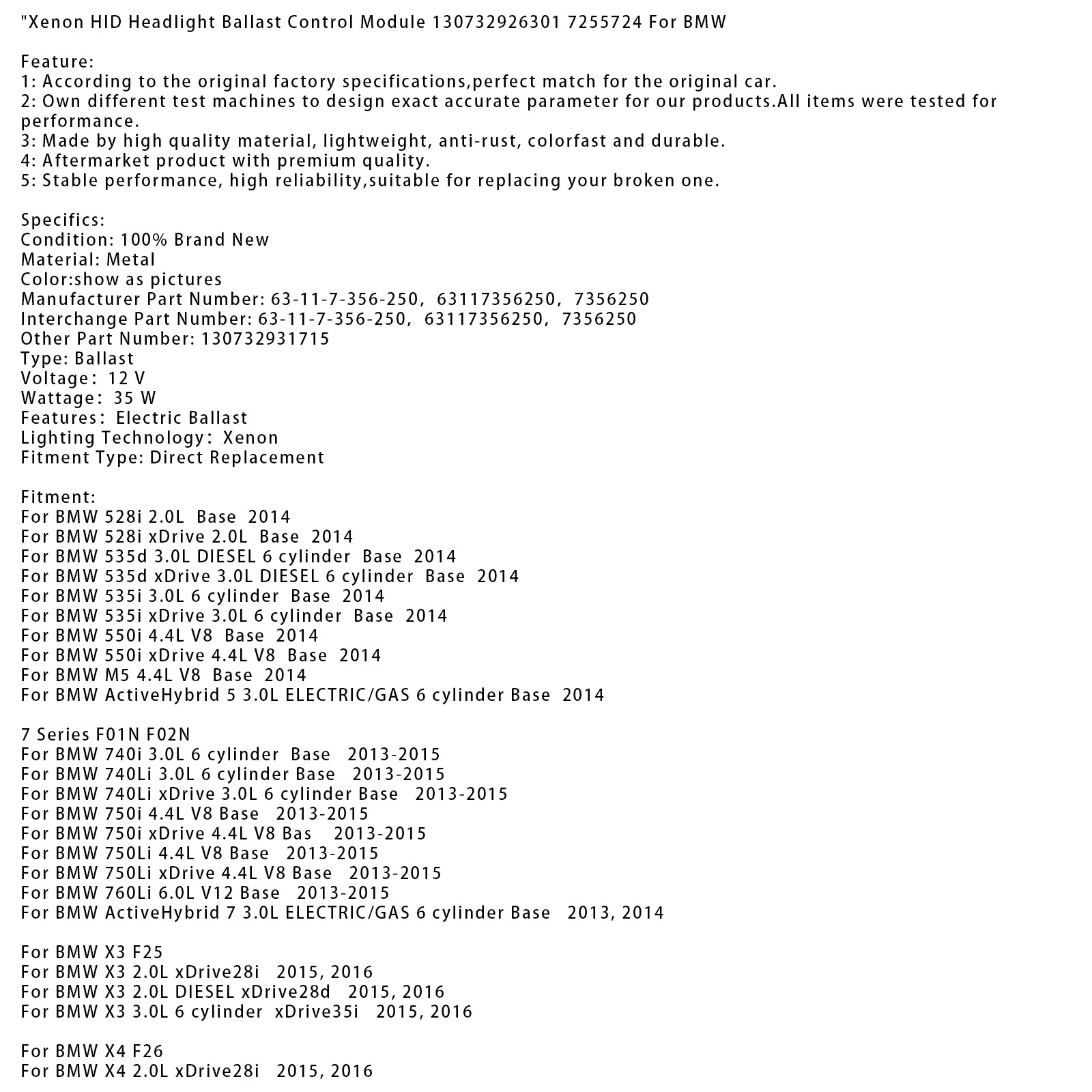 2010-2013 Volvo C70 T5 Convertible Xenon HID Headlight Ballast Control Module 130732926301 725