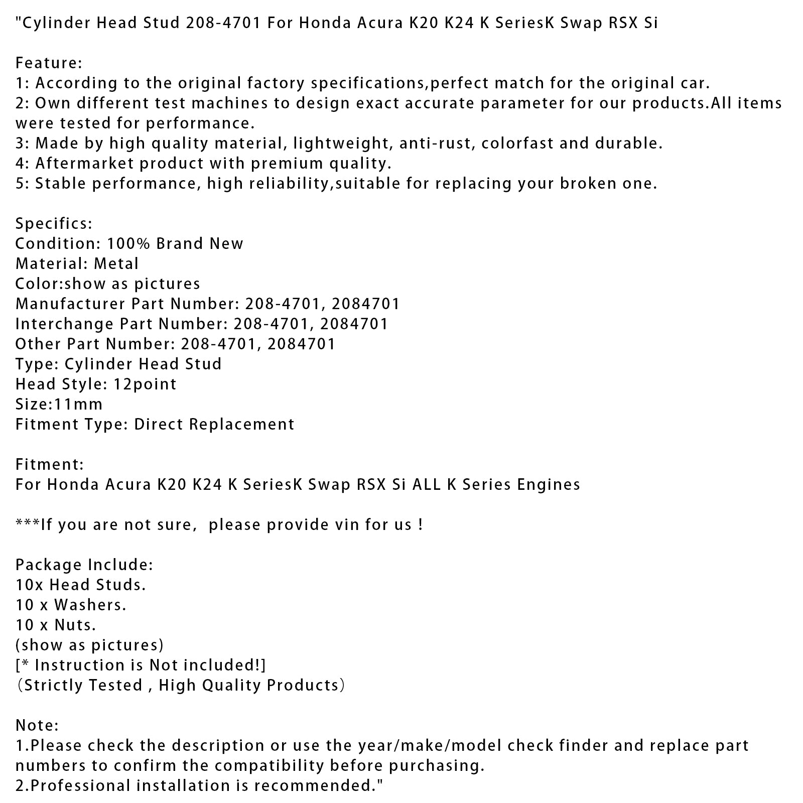 Honda Acura K20 K24 K SeriesK Swap RSX Si Cylinder Head Stud 208-4701 2084701