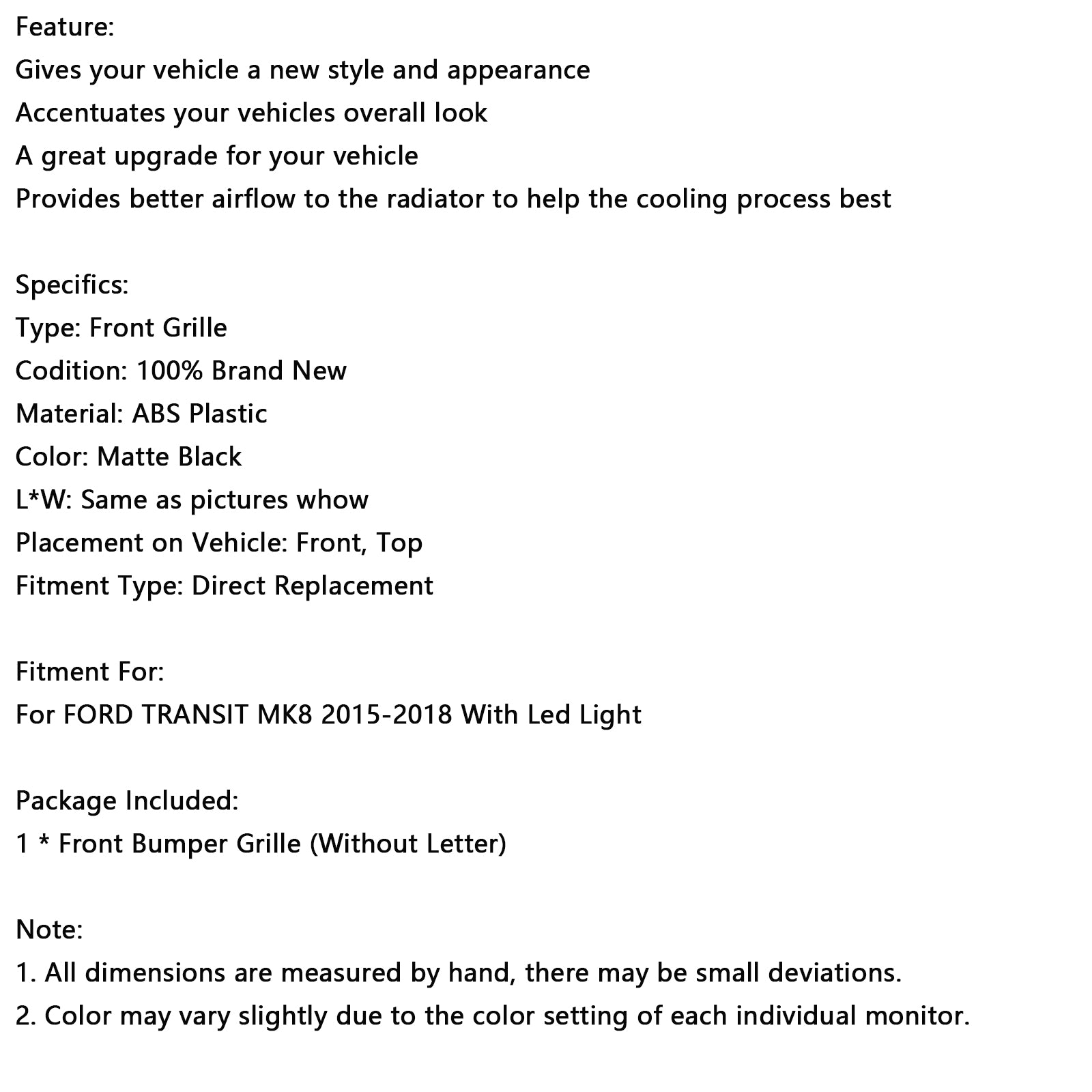 2015-2018 Ford Transit Mk8 Raptor s Matt Matt Black Front Bumper Grill Grill