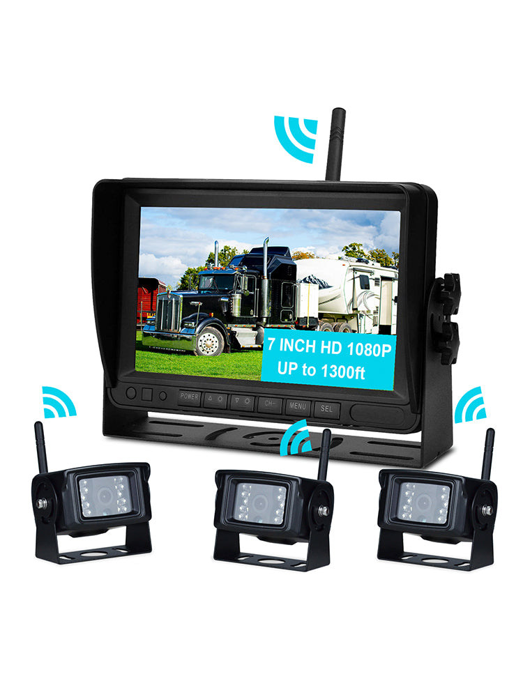 7" Display Wireless AHD 1080P 3CH Rear View Backup Camera Kit for Truck Trailer