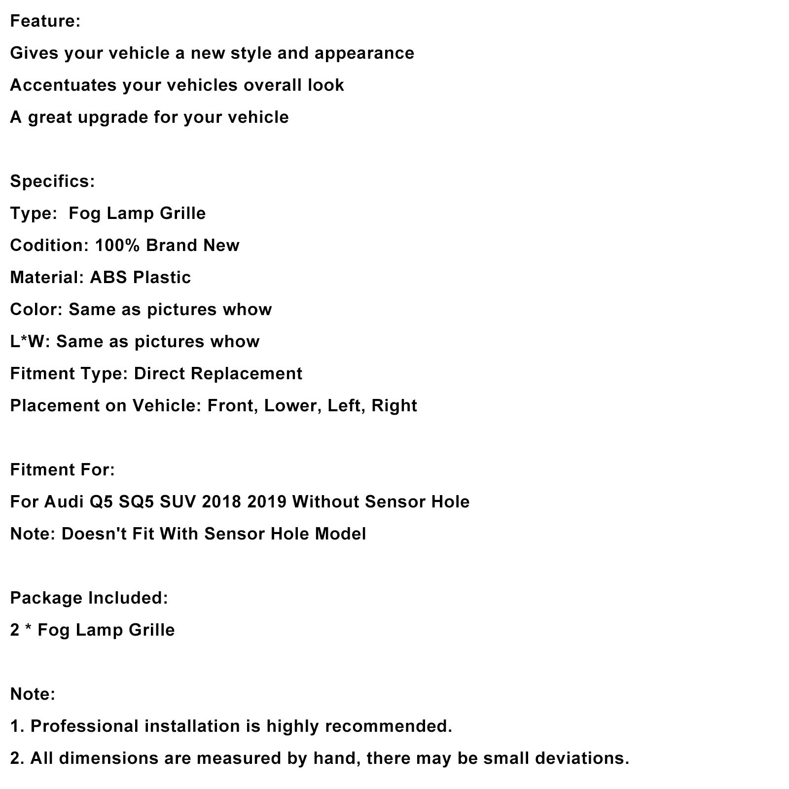 2018 2019 Audi Q5 SQ5 Black Front Honeycomb Fog Lamp Grille Grill Cover