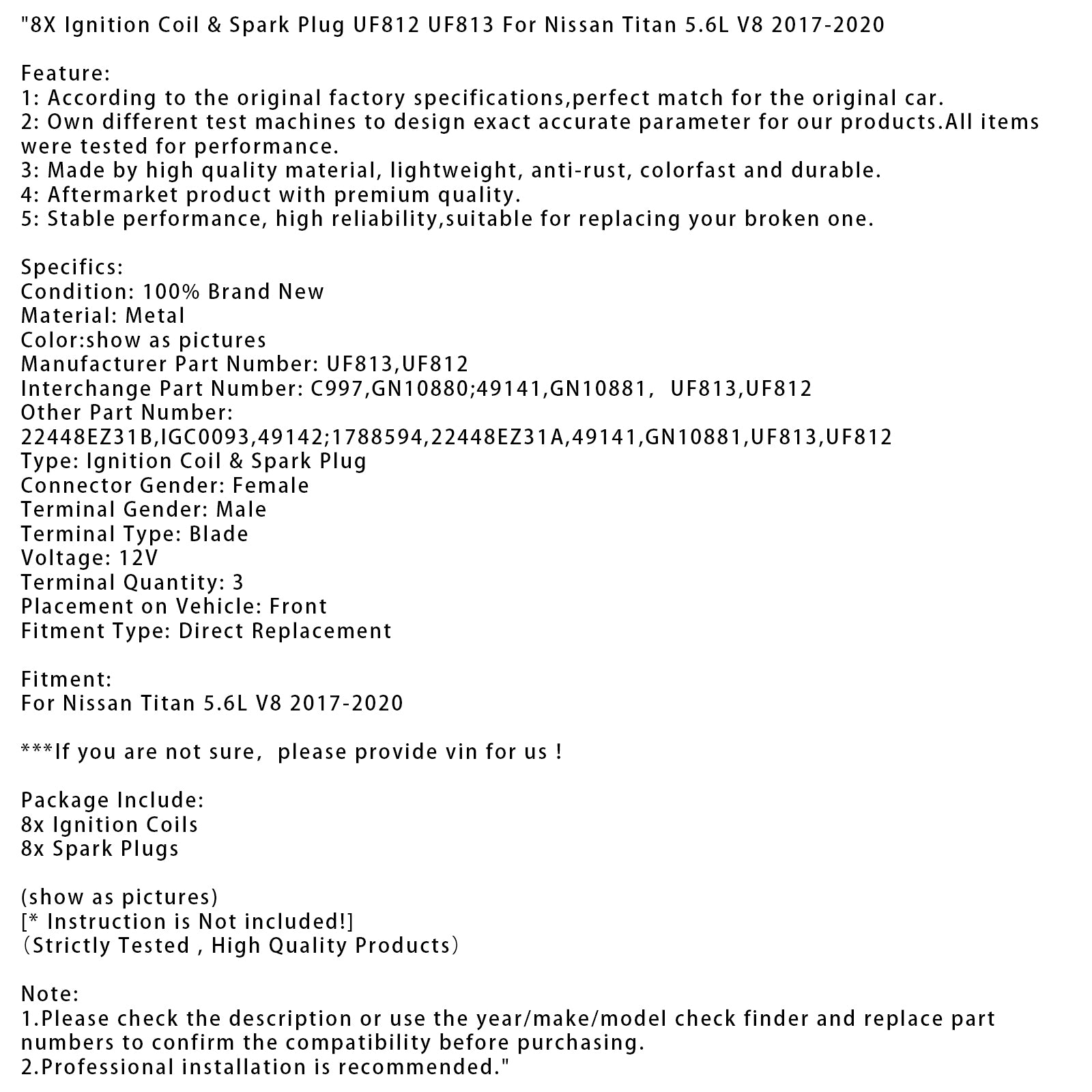2017-2020 Nissan Titan 5.6L V8 8X Ignition Coil & Spark Plug UF812 UF813